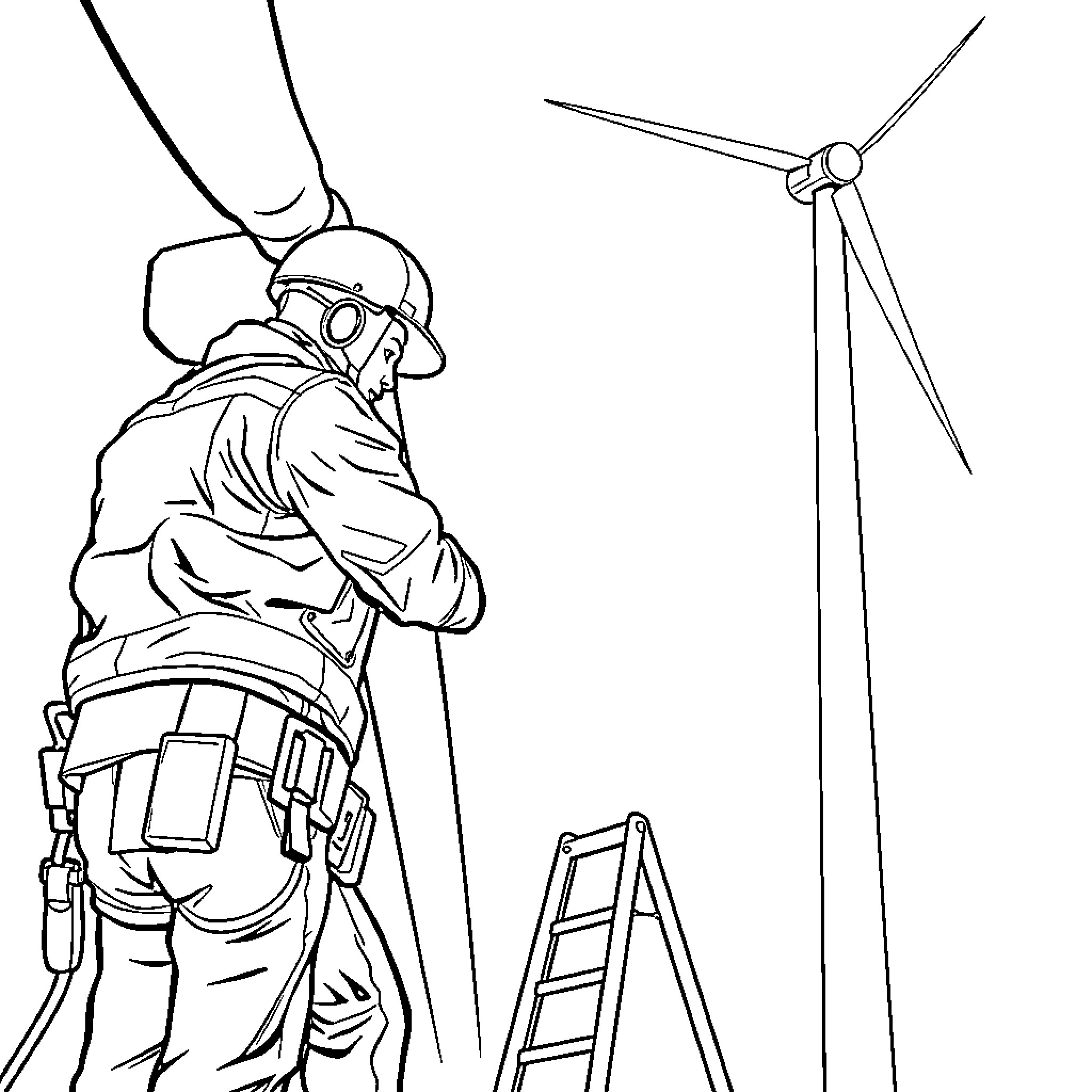 Wind Turbine Worker Inspecting the Blades Coloring Page (free black-and-white line drawing printable PDF for all, from beginners to advanced learners, including children, teens, adults, and seniors)