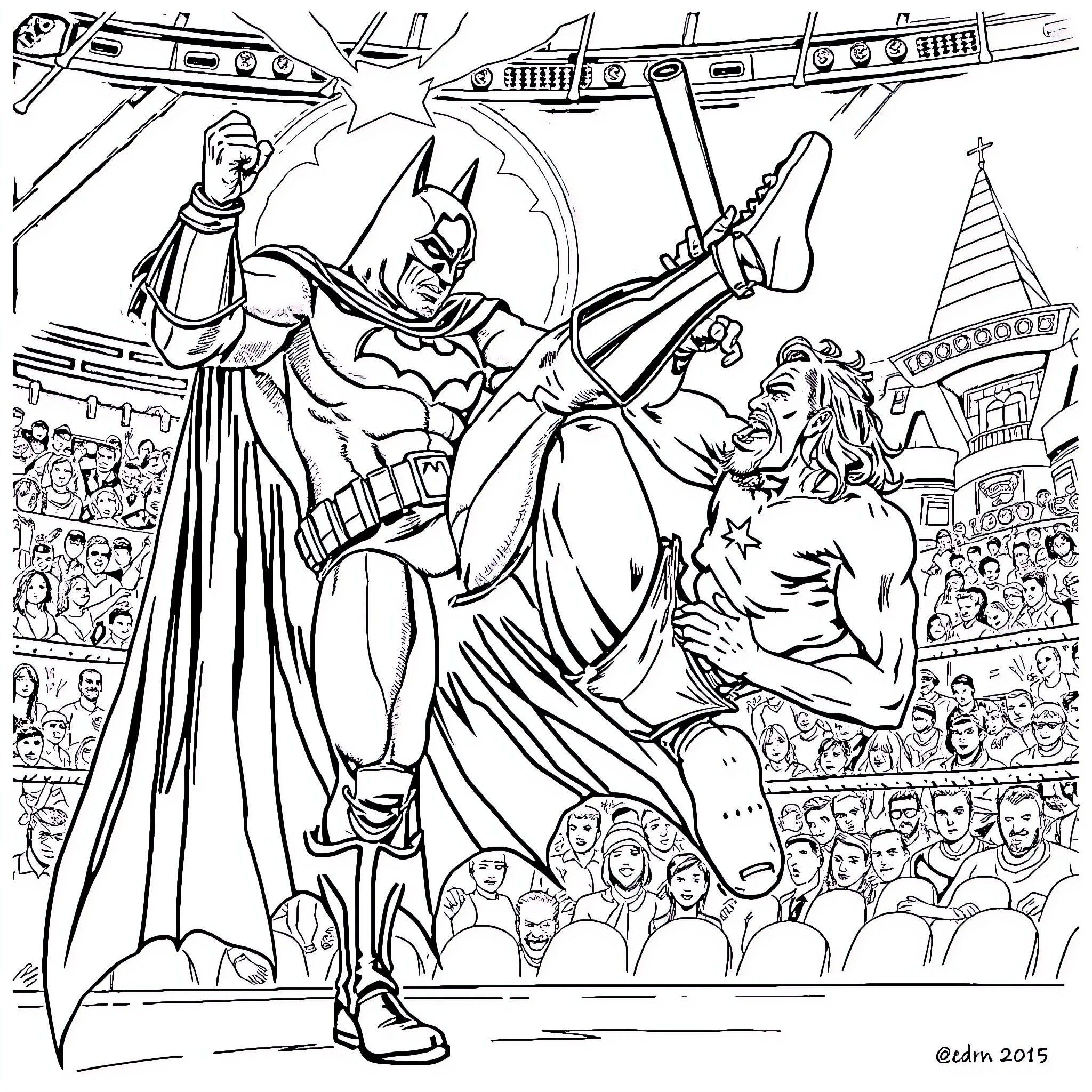 Batman Battling Villains at a Crowded Event Coloring Page (free black-and-white line drawing printable PDF for all, from beginners to advanced learners, including children, teens, adults, and seniors)