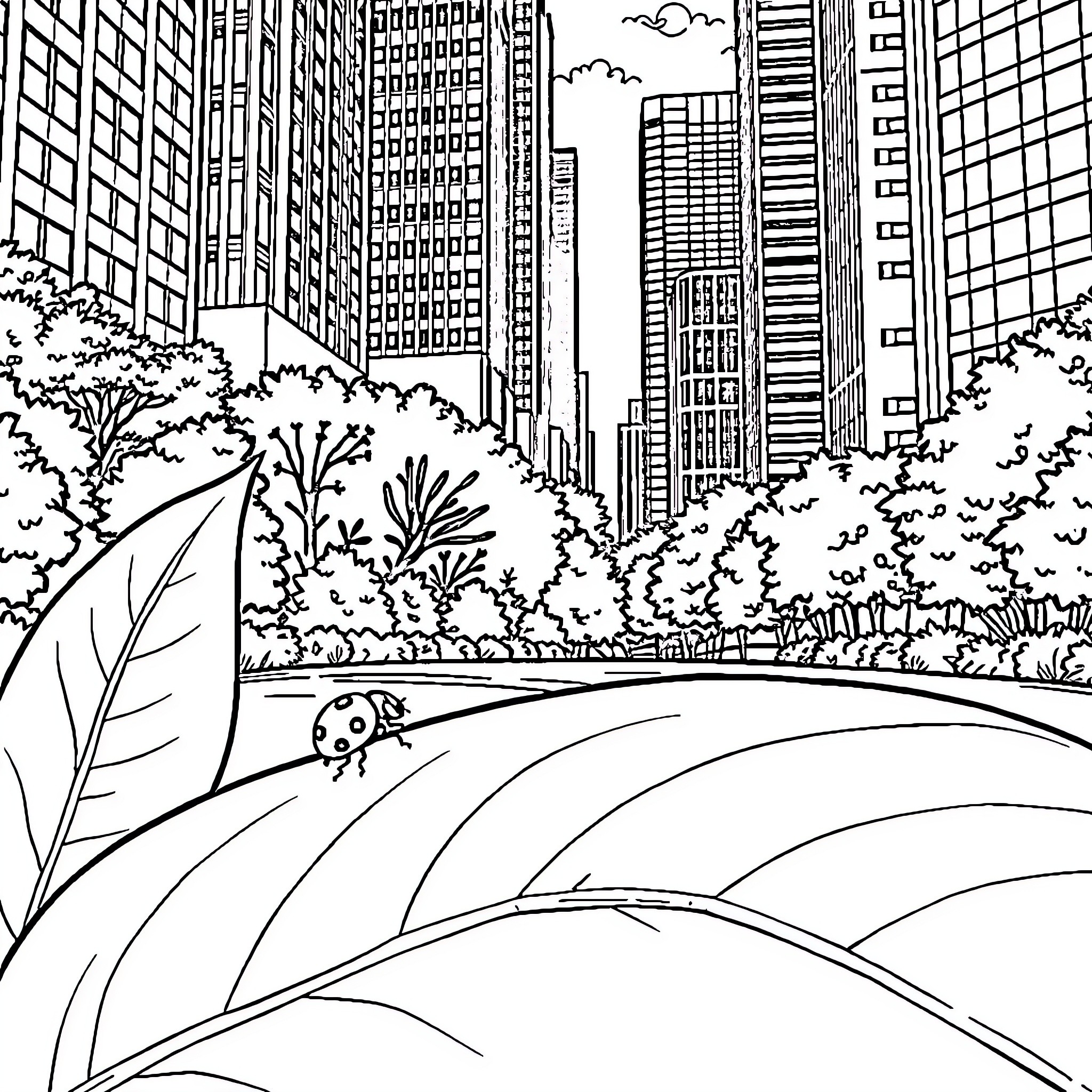 Ladybug exploring the city park Coloring Page (free black-and-white line drawing printable PDF for all, from beginners to advanced learners, including children, teens, adults, and seniors)