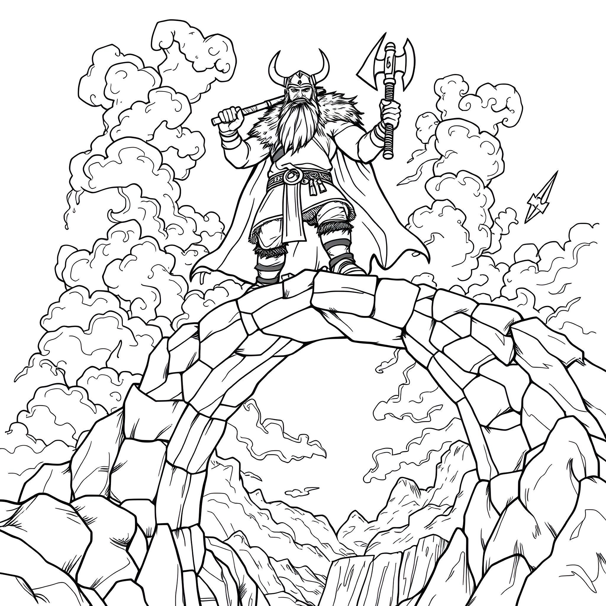 Viking warrior standing atop a cliff with weapons Coloring Page (free black-and-white line drawing printable PDF for all, from beginners to advanced learners, including children, teens, adults, and seniors)