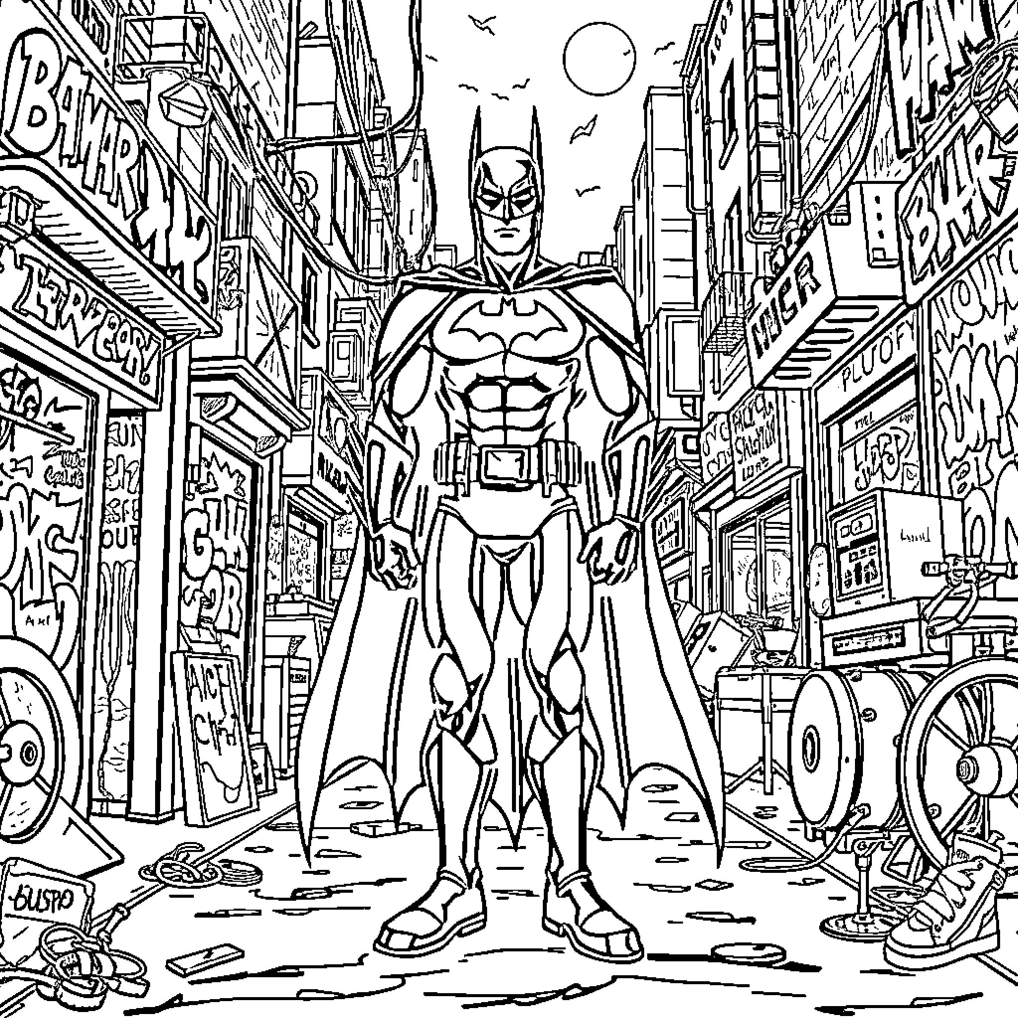 Batman in Action on City Streets Coloring Page (free black-and-white line drawing printable PDF for all, from beginners to advanced learners, including children, teens, adults, and seniors)