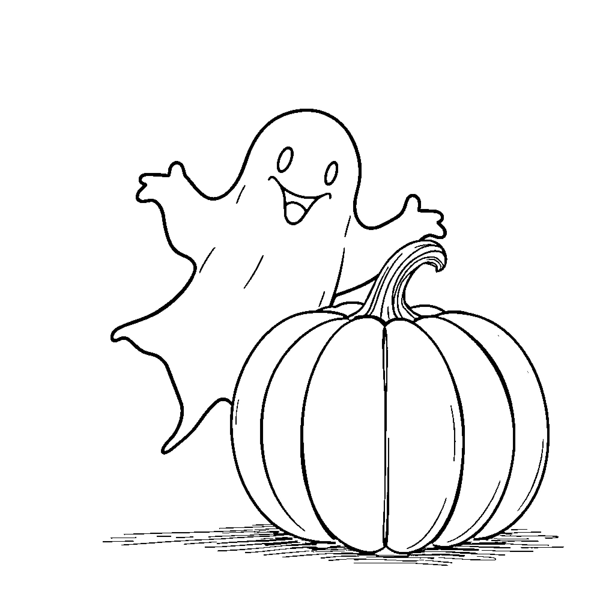 Ghost playing joyfully with pumpkin Coloring Page (free black-and-white line drawing printable PDF for all, from beginners to advanced learners, including children, teens, adults, and seniors)