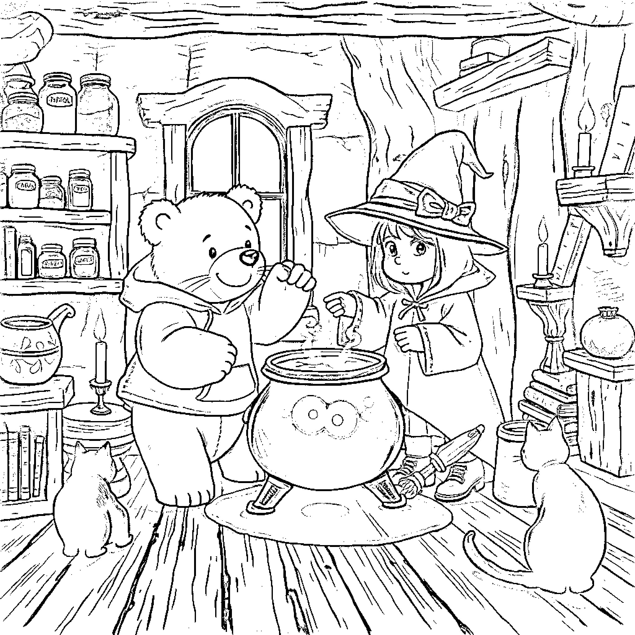 Bear witch and her animal friends in a magical cottage Coloring Page (free black-and-white line drawing printable PDF for all, from beginners to advanced learners, including children, teens, adults, and seniors)