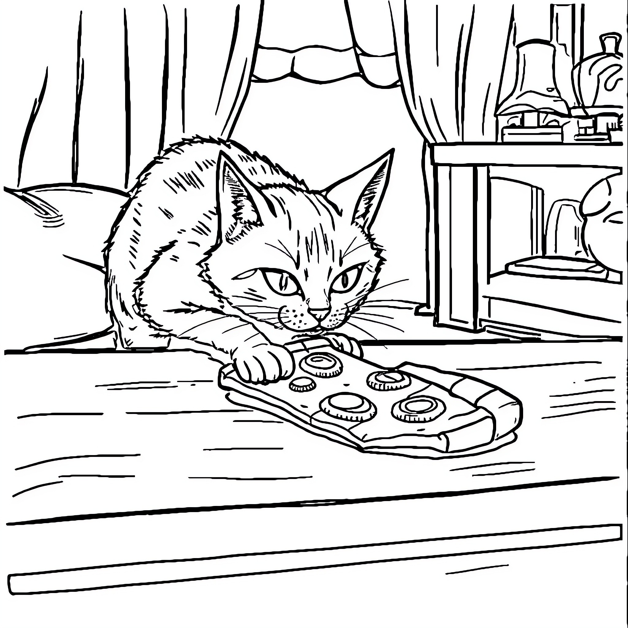 Cat investigating a device in the room Coloring Page (free black-and-white line drawing printable PDF for all, from beginners to advanced learners, including children, teens, adults, and seniors)