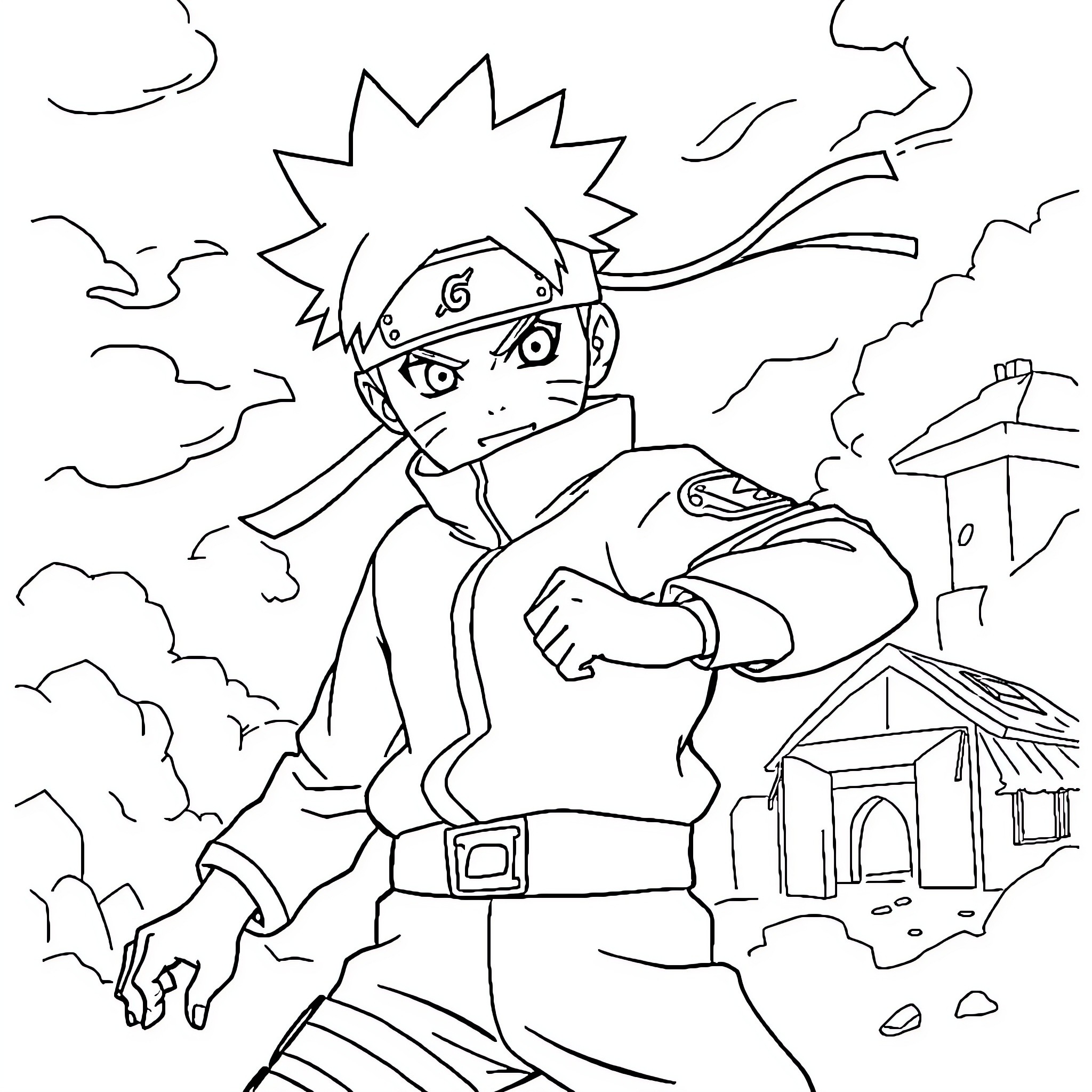 Naruto on a ninja mission amid cloudy skies Coloring Page (free black-and-white line drawing printable PDF for all, from beginners to advanced learners, including children, teens, adults, and seniors)