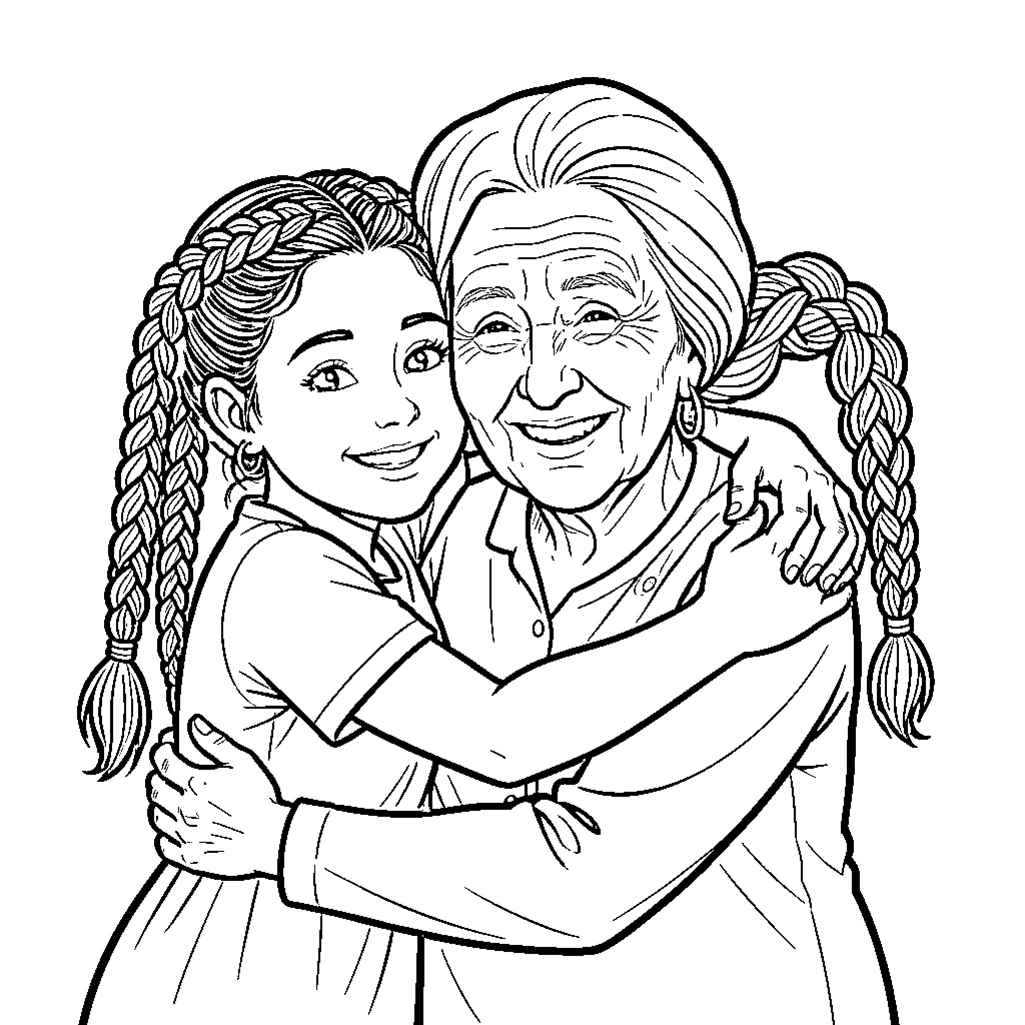 Girl embracing her elderly grandmother with affection Coloring Page (free black-and-white line drawing printable PDF for all, from beginners to advanced learners, including children, teens, adults, and seniors)