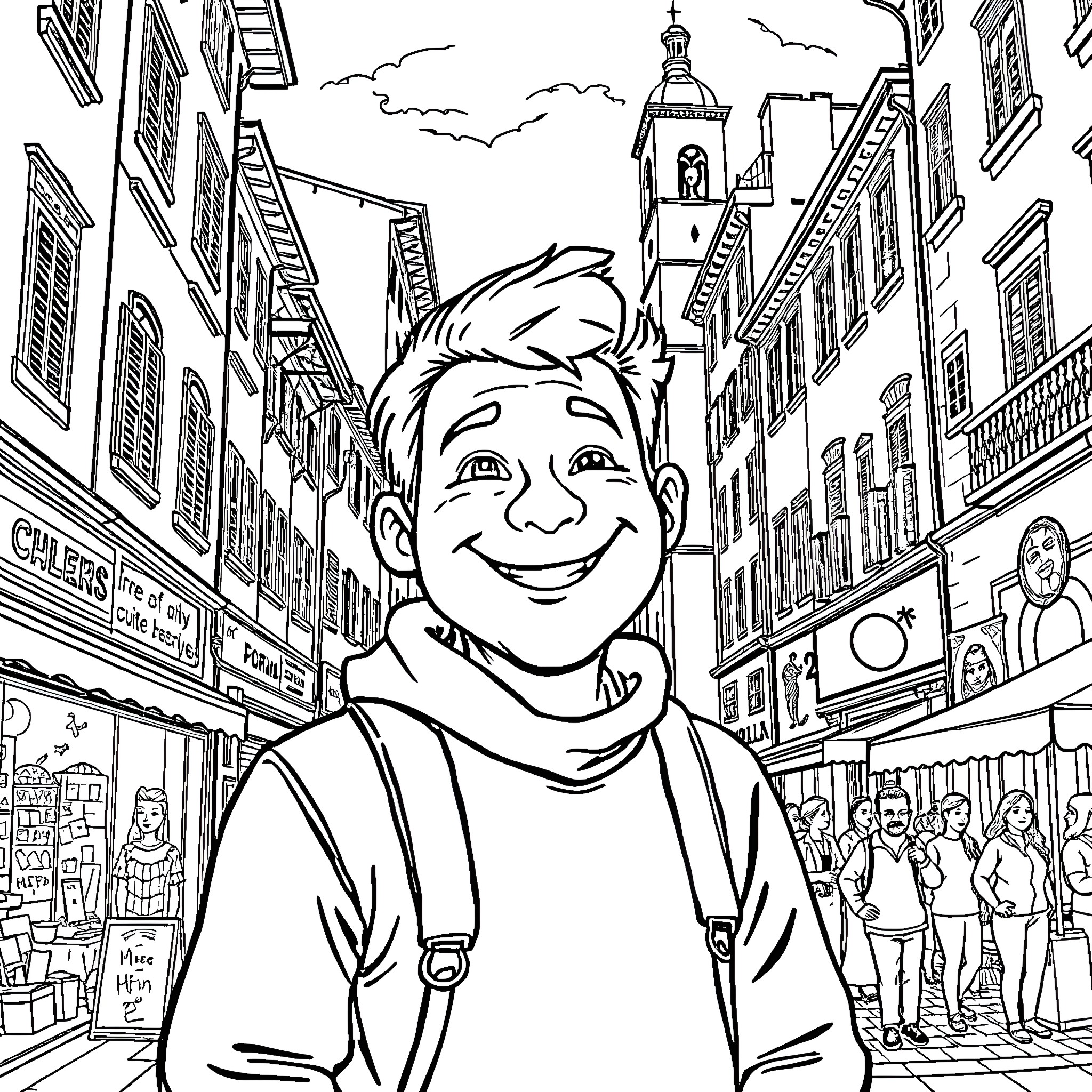 Bing Smiling Boy in Busy City Street Coloring Page (free black-and-white line drawing printable PDF for all, from beginners to advanced learners, including children, teens, adults, and seniors)