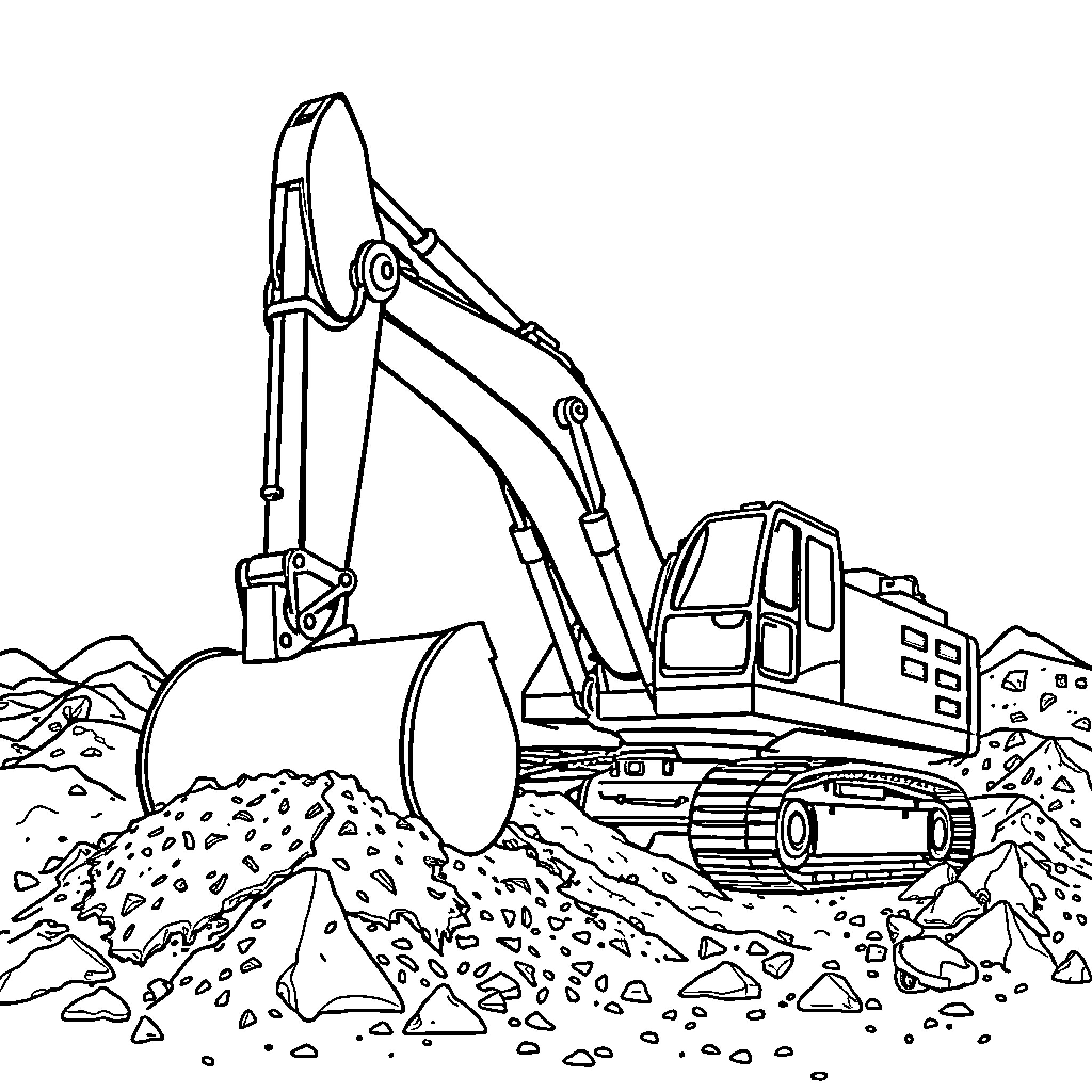 Excavator digging through rubble and debris Coloring Page (free black-and-white line drawing printable PDF for all, from beginners to advanced learners, including children, teens, adults, and seniors)