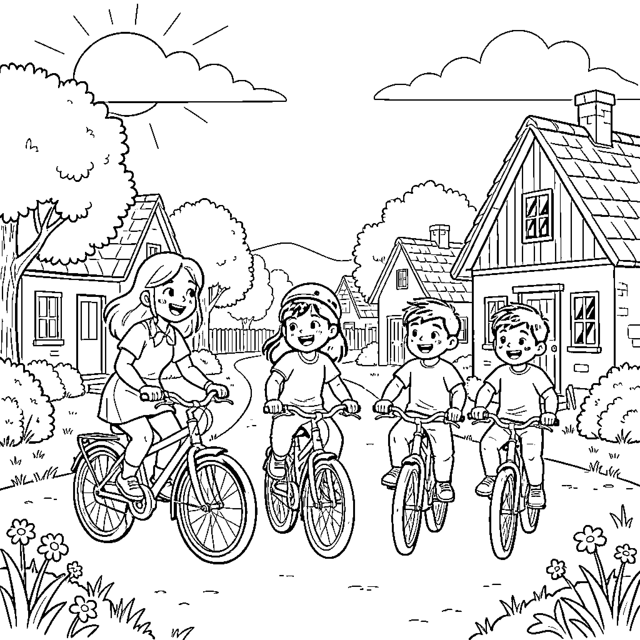 Girl rides bike with friends through peaceful town Coloring Page (free black-and-white line drawing printable PDF for all, from beginners to advanced learners, including children, teens, adults, and seniors)
