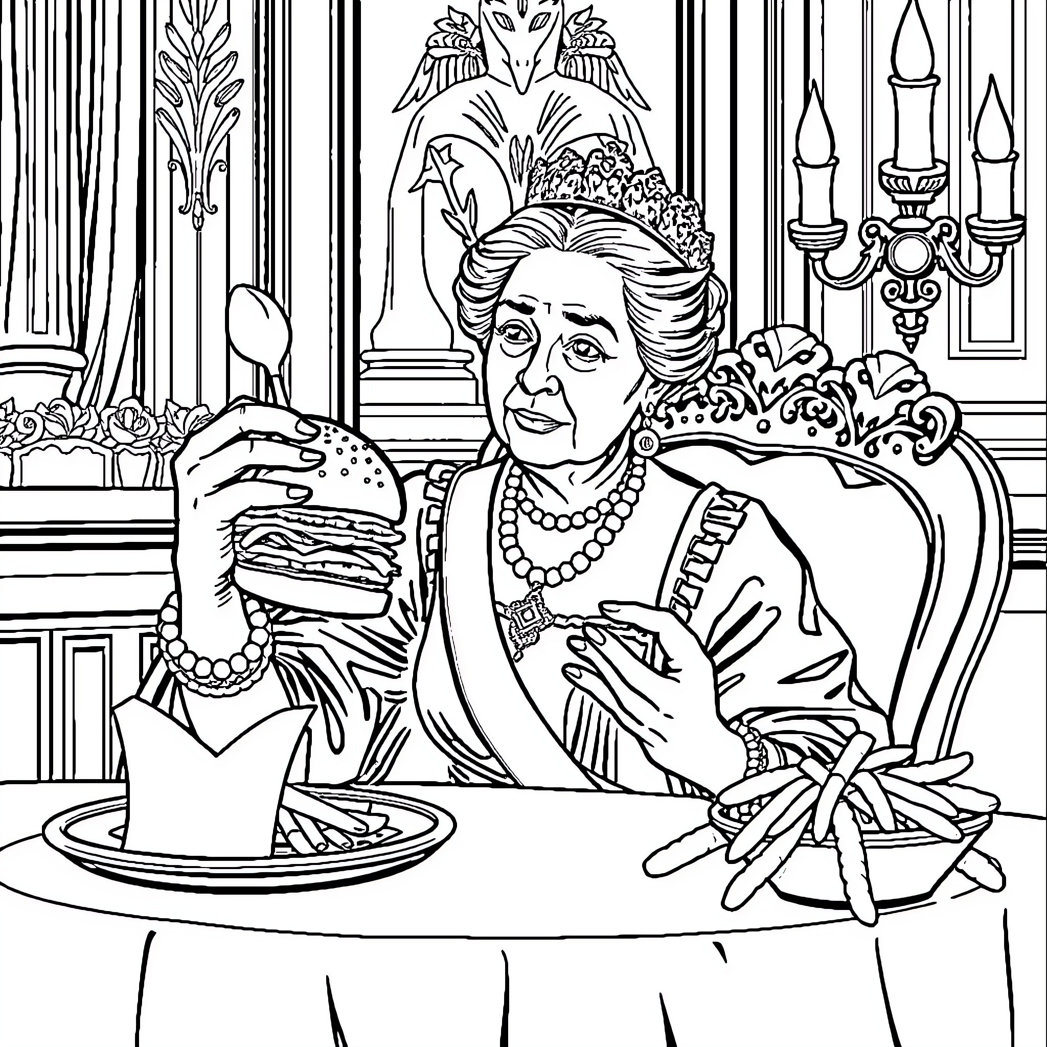 Queen Indulging in Luxurious Snack Coloring Page (free black-and-white line drawing printable PDF for all, from beginners to advanced learners, including children, teens, adults, and seniors)
