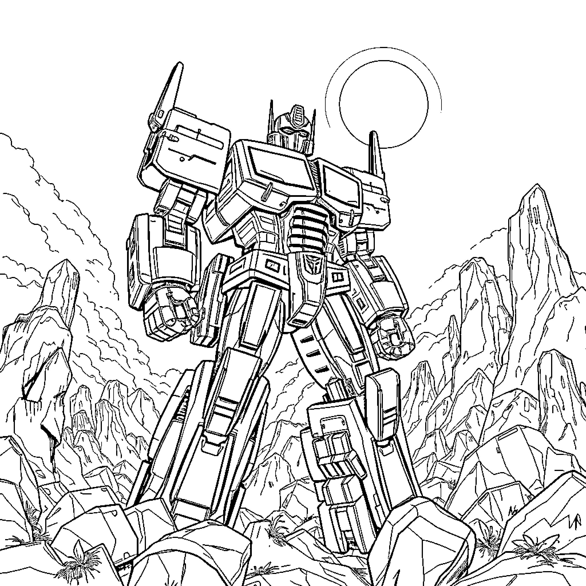 Megatron towering over mountainous landscape Coloring Page (free black-and-white line drawing printable PDF for all, from beginners to advanced learners, including children, teens, adults, and seniors)
