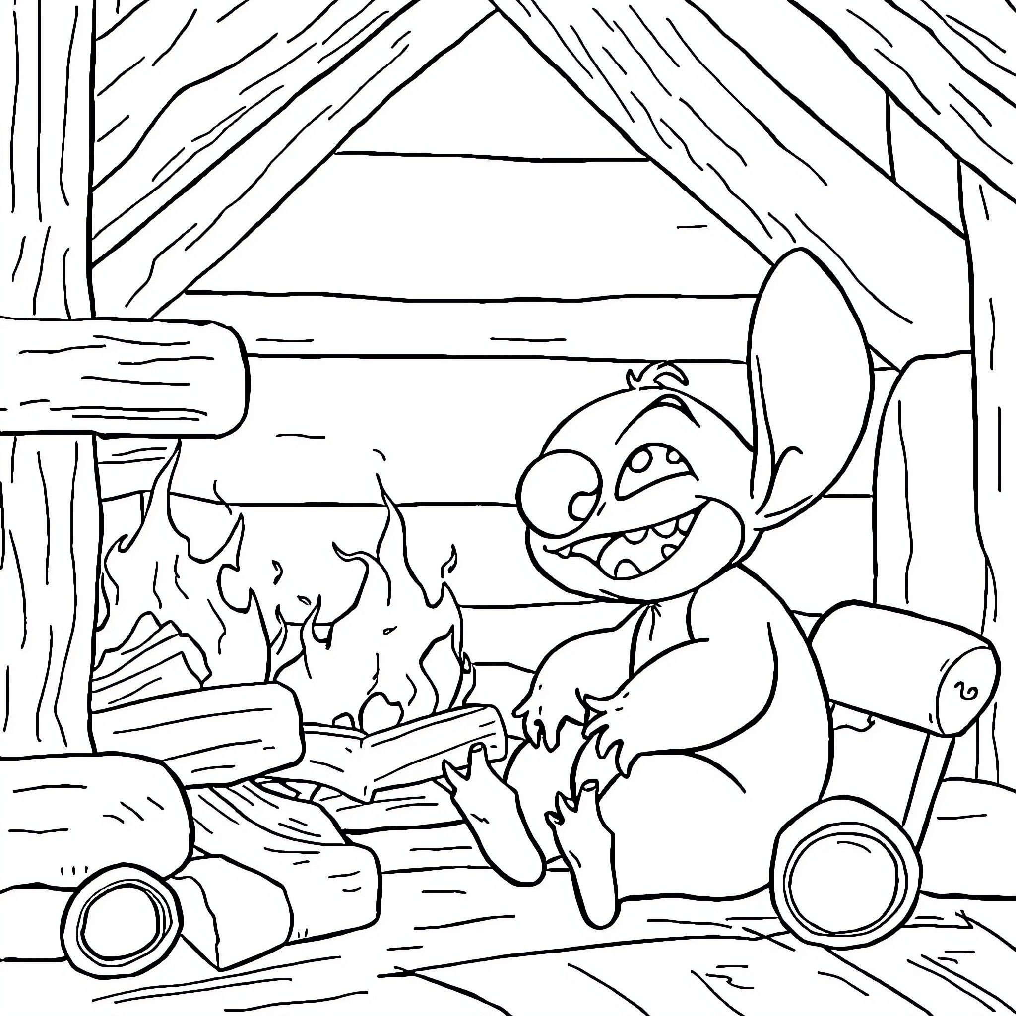 Stitch Roasting Marshmallows by the Campfire Coloring Page (free black-and-white line drawing printable PDF for all, from beginners to advanced learners, including children, teens, adults, and seniors)
