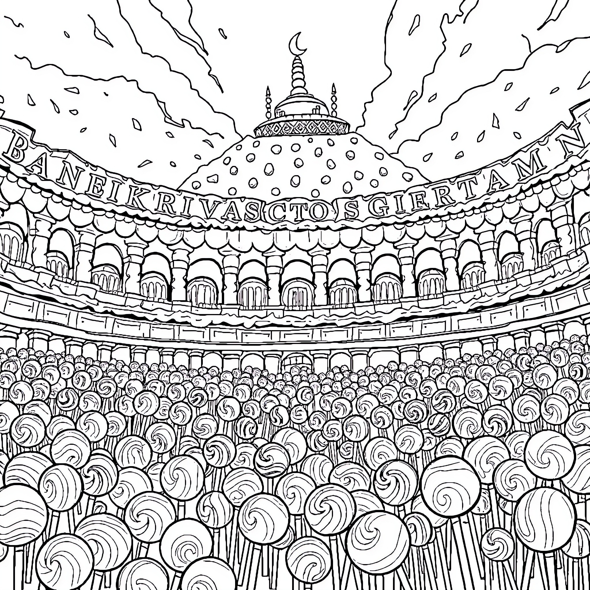 Cake Festival in Grandiose Dome Coloring Page (free black-and-white line drawing printable PDF for all, from beginners to advanced learners, including children, teens, adults, and seniors)