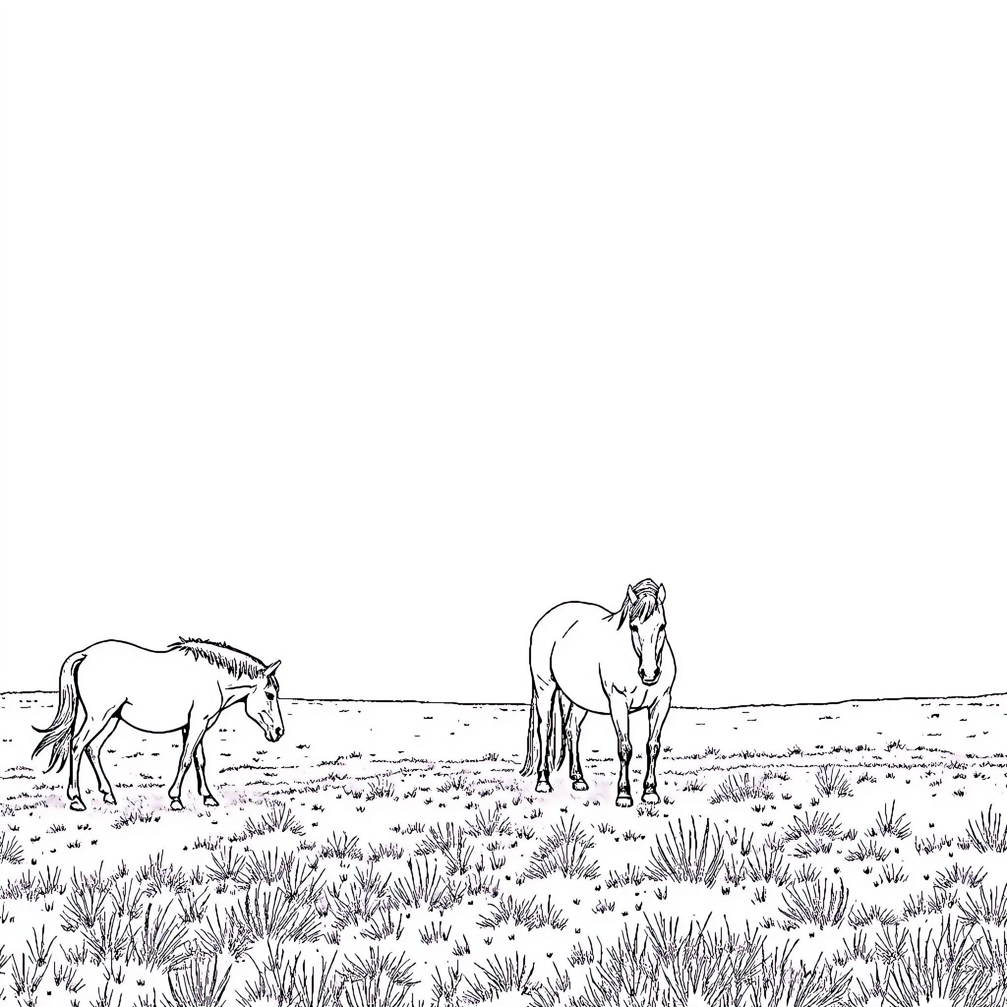 Horse Duo Grazing in Peaceful Landscape Coloring Page (free black-and-white line drawing printable PDF for all, from beginners to advanced learners, including children, teens, adults, and seniors)