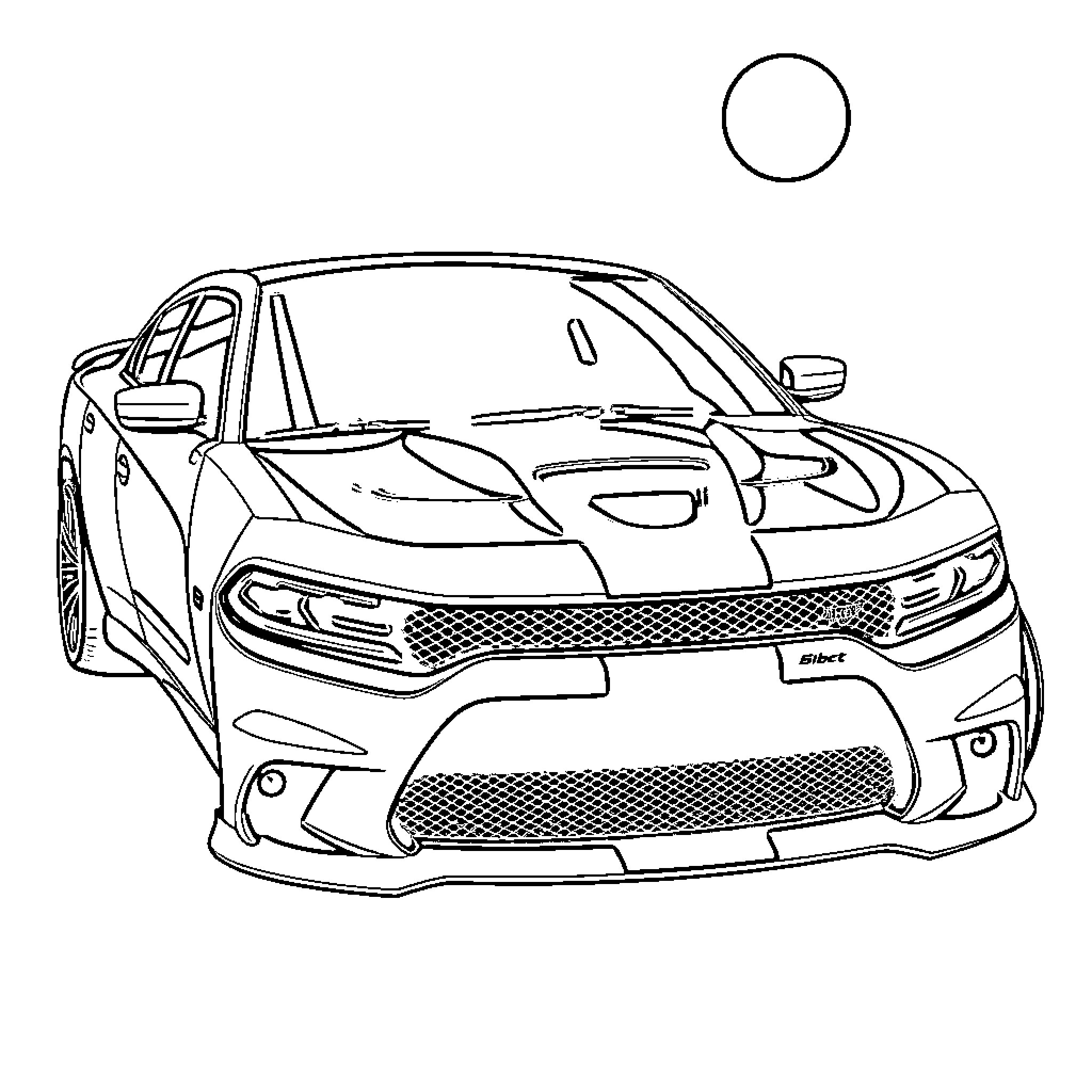 Dodge Charger speeding through the streets Coloring Page (free black-and-white line drawing printable PDF for all, from beginners to advanced learners, including children, teens, adults, and seniors)