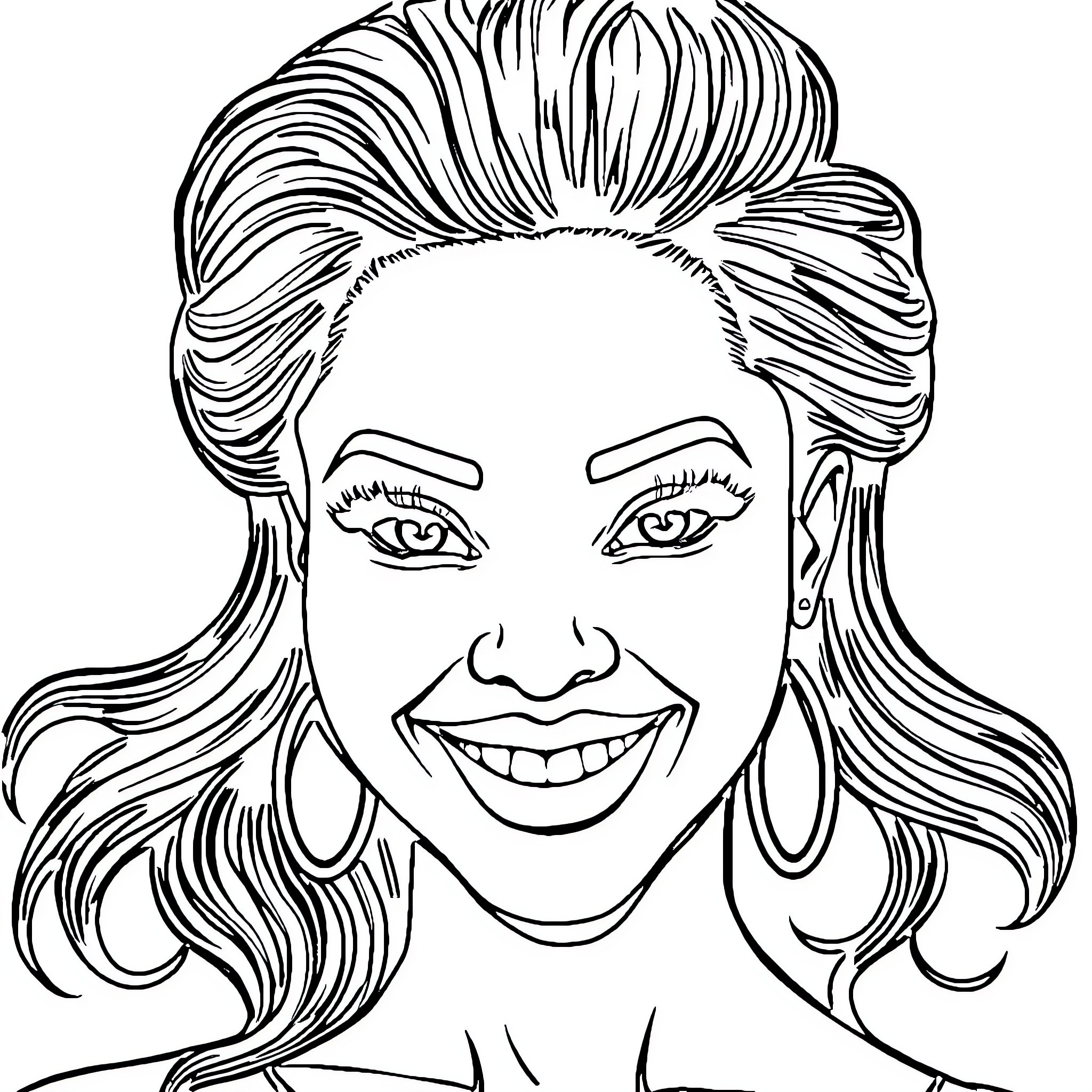 Woman with a Joyful Expression and Stylish Hair Coloring Page (free black-and-white line drawing printable PDF for all, from beginners to advanced learners, including children, teens, adults, and seniors)