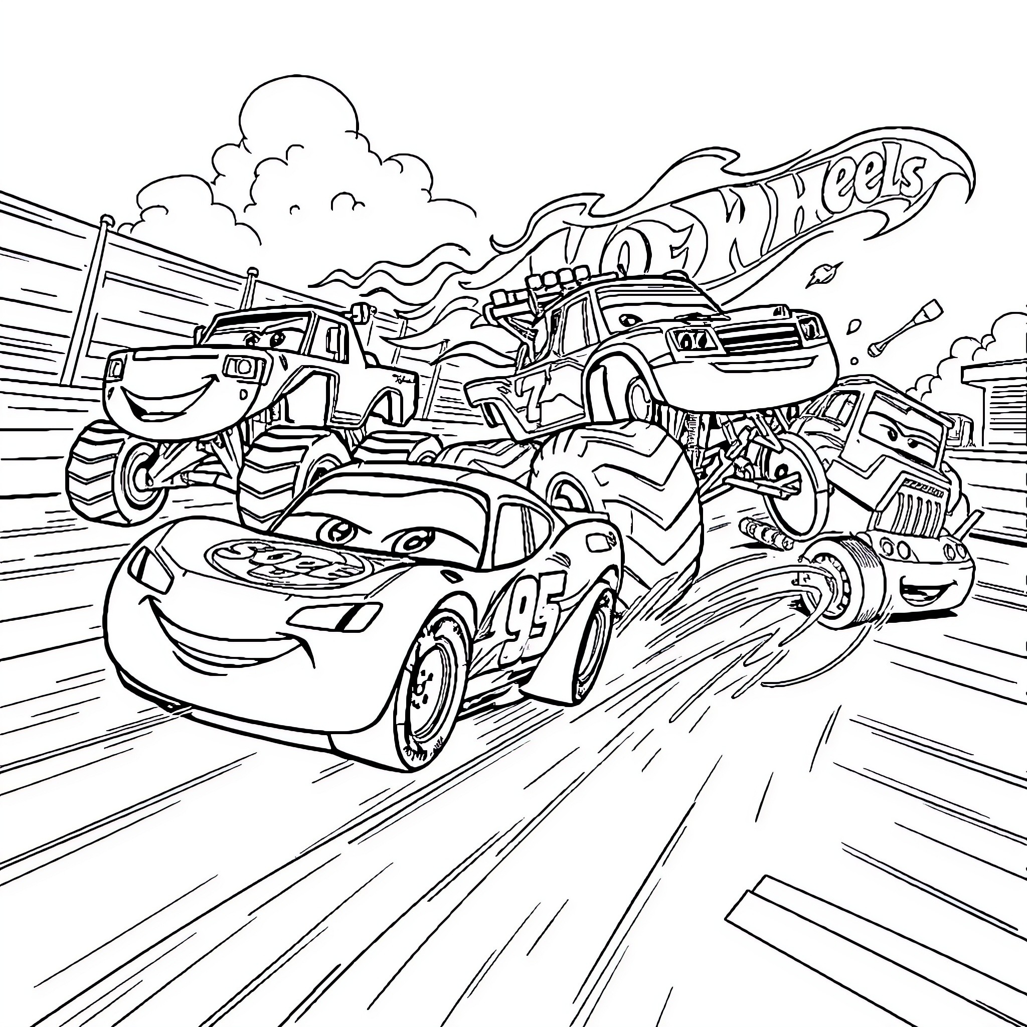 Car race with action and excitement Coloring Page (free black-and-white line drawing printable PDF for all, from beginners to advanced learners, including children, teens, adults, and seniors)