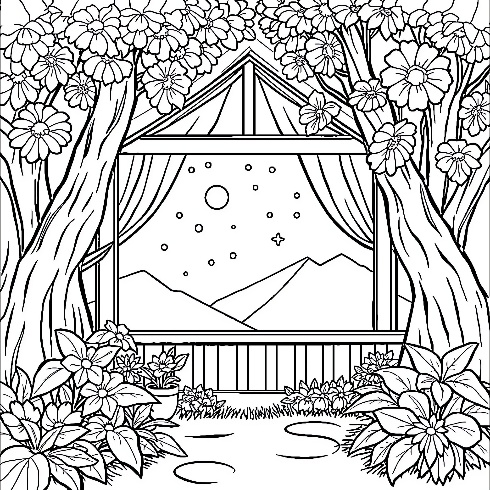 Bear in a Floral Garden Gazebo Coloring Page (free black-and-white line drawing printable PDF for all, from beginners to advanced learners, including children, teens, adults, and seniors)