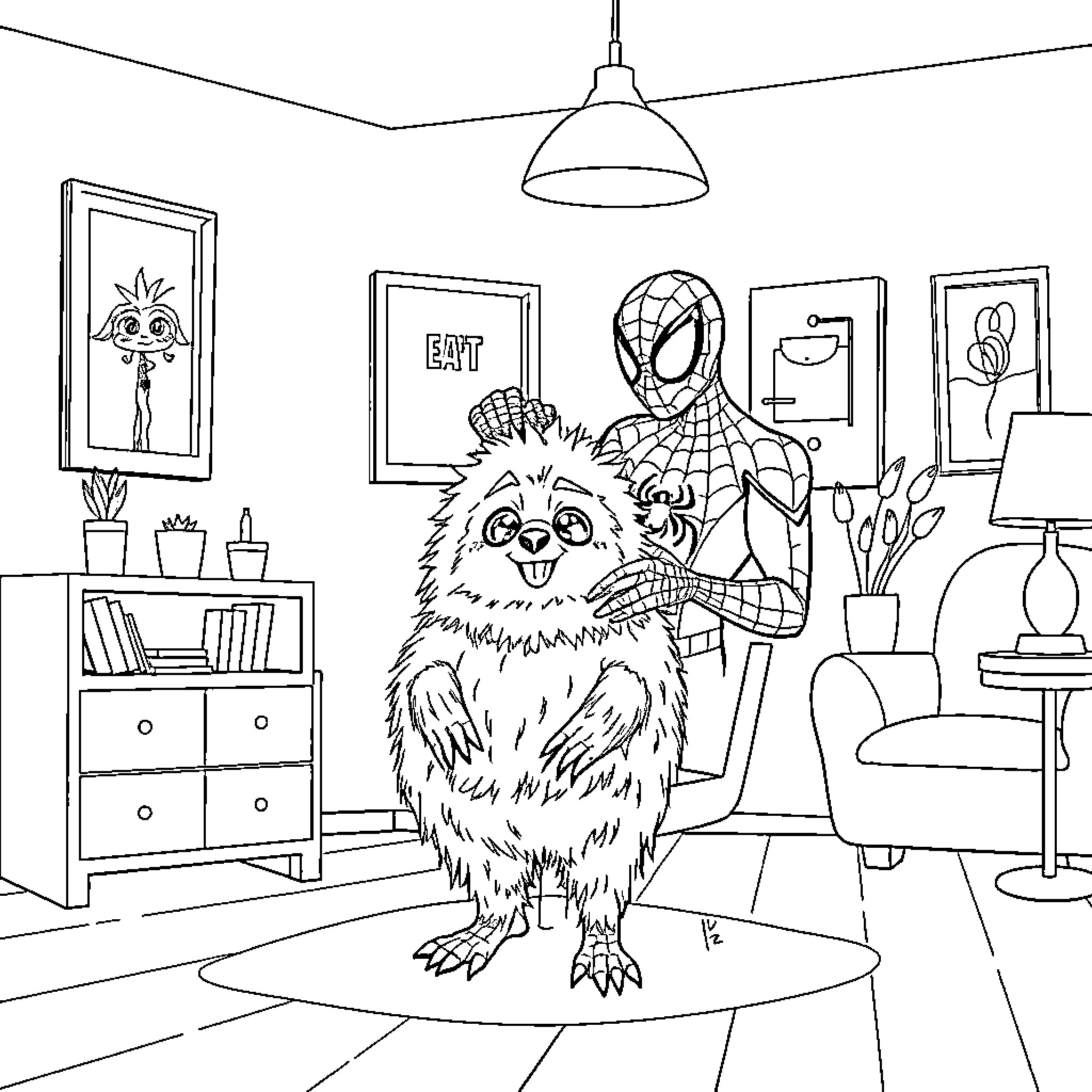 Spider-Man meets a friendly creature in a cozy home Coloring Page (free black-and-white line drawing printable PDF for all, from beginners to advanced learners, including children, teens, adults, and seniors)
