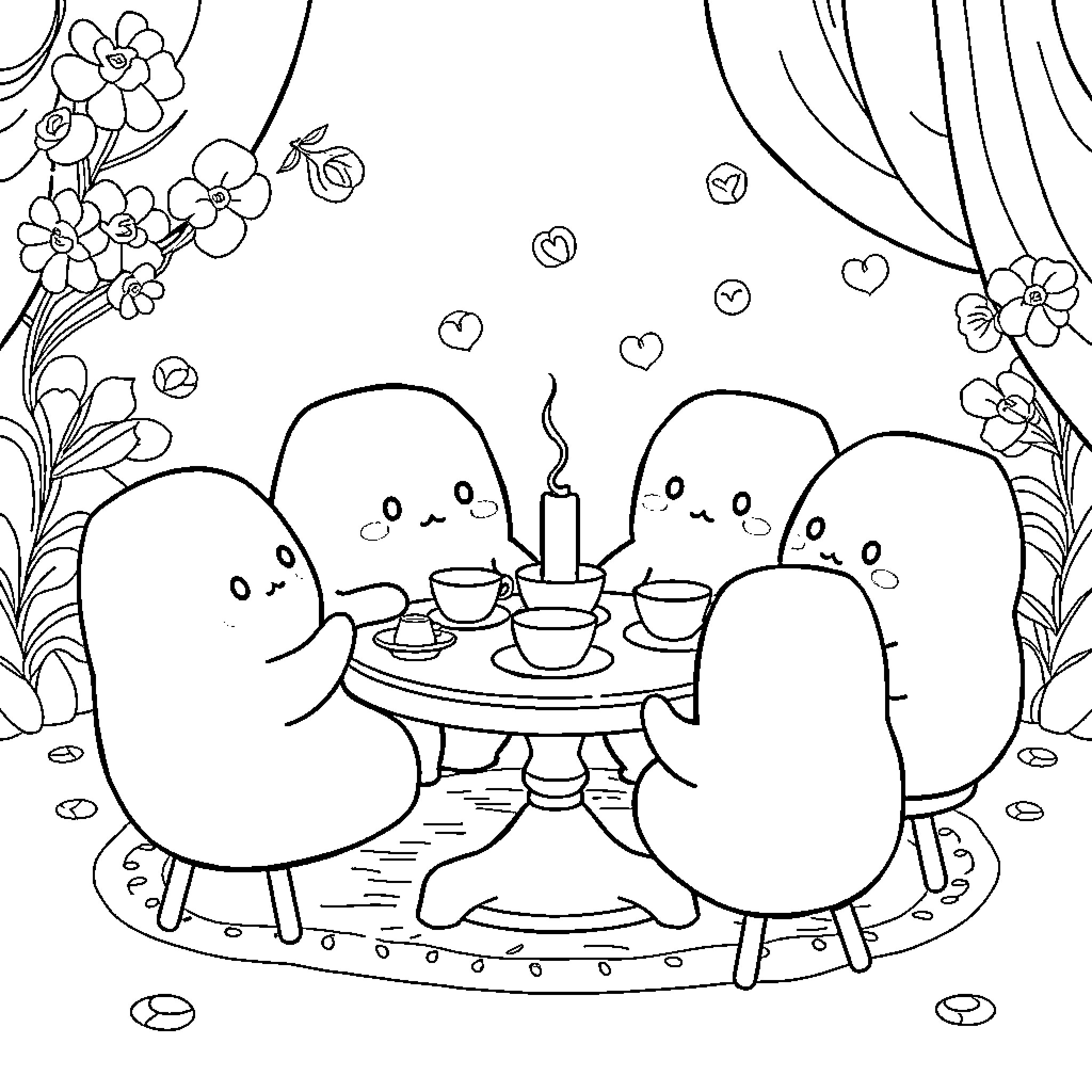 Squishmallows having a cozy tea party Coloring Page (free black-and-white line drawing printable PDF for all, from beginners to advanced learners, including children, teens, adults, and seniors)