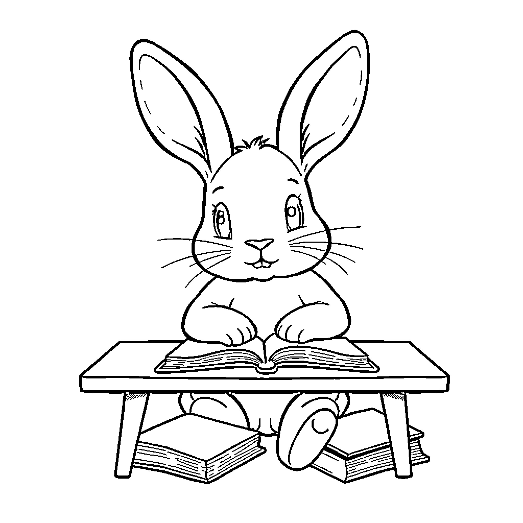 Bunny Reading Books at Desk Coloring Page (free black-and-white line drawing printable PDF for all, from beginners to advanced learners, including children, teens, adults, and seniors)
