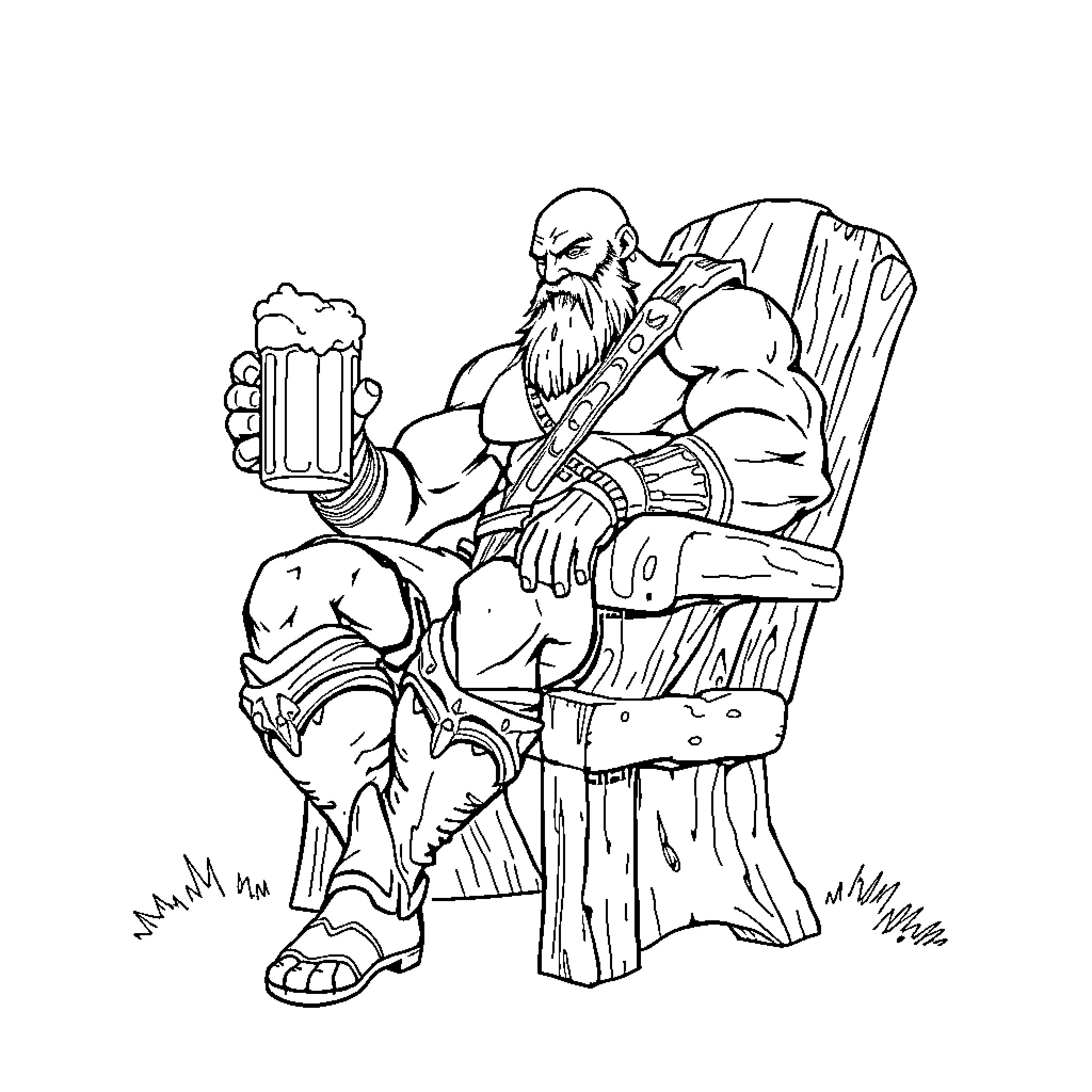 Kratos Enjoying a Refreshing Drink in Rugged Attire Coloring Page (free black-and-white line drawing printable PDF for all, from beginners to advanced learners, including children, teens, adults, and seniors)