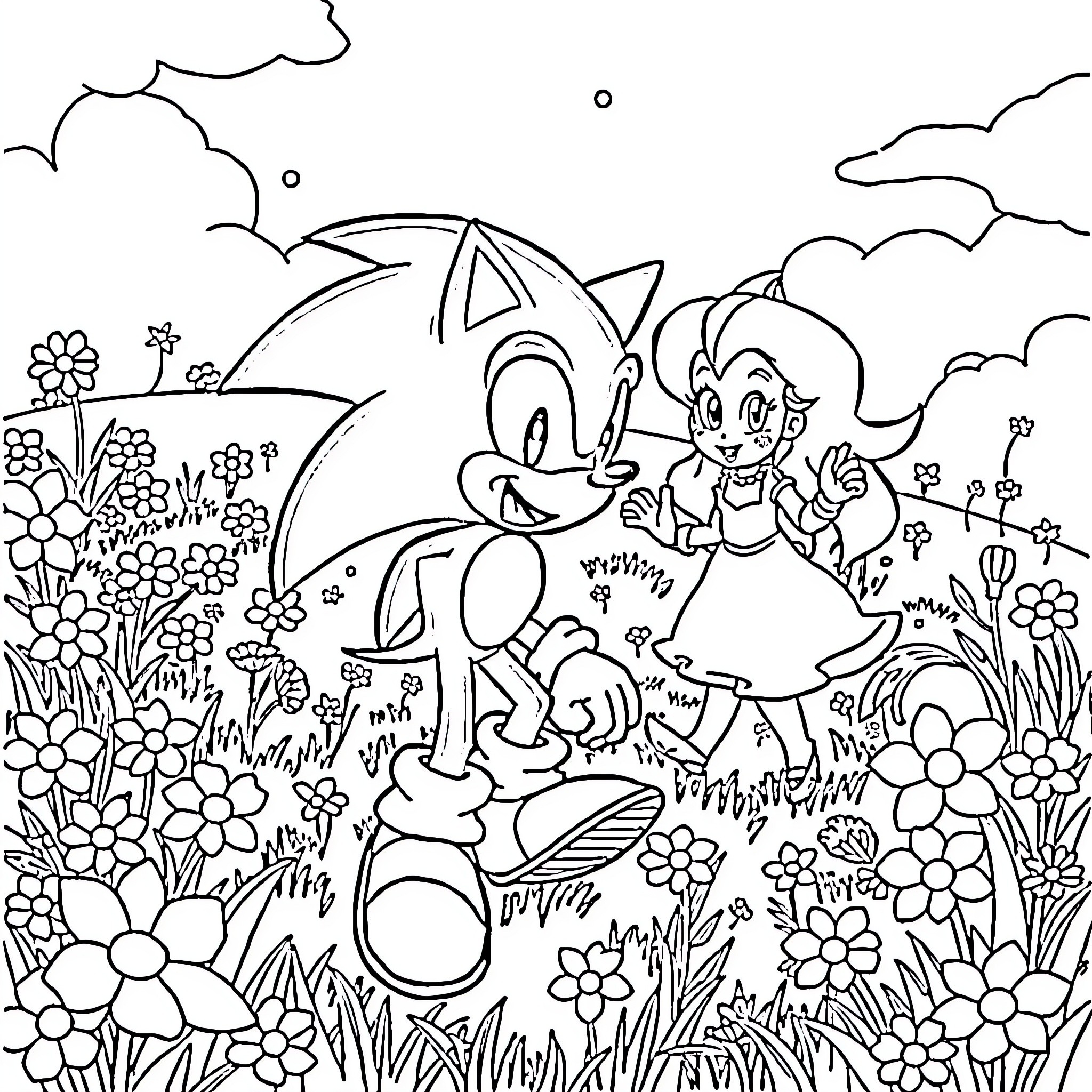 Sonic's Playful Adventure in the Flower-Filled Field Coloring Page (free black-and-white line drawing printable PDF for all, from beginners to advanced learners, including children, teens, adults, and seniors)