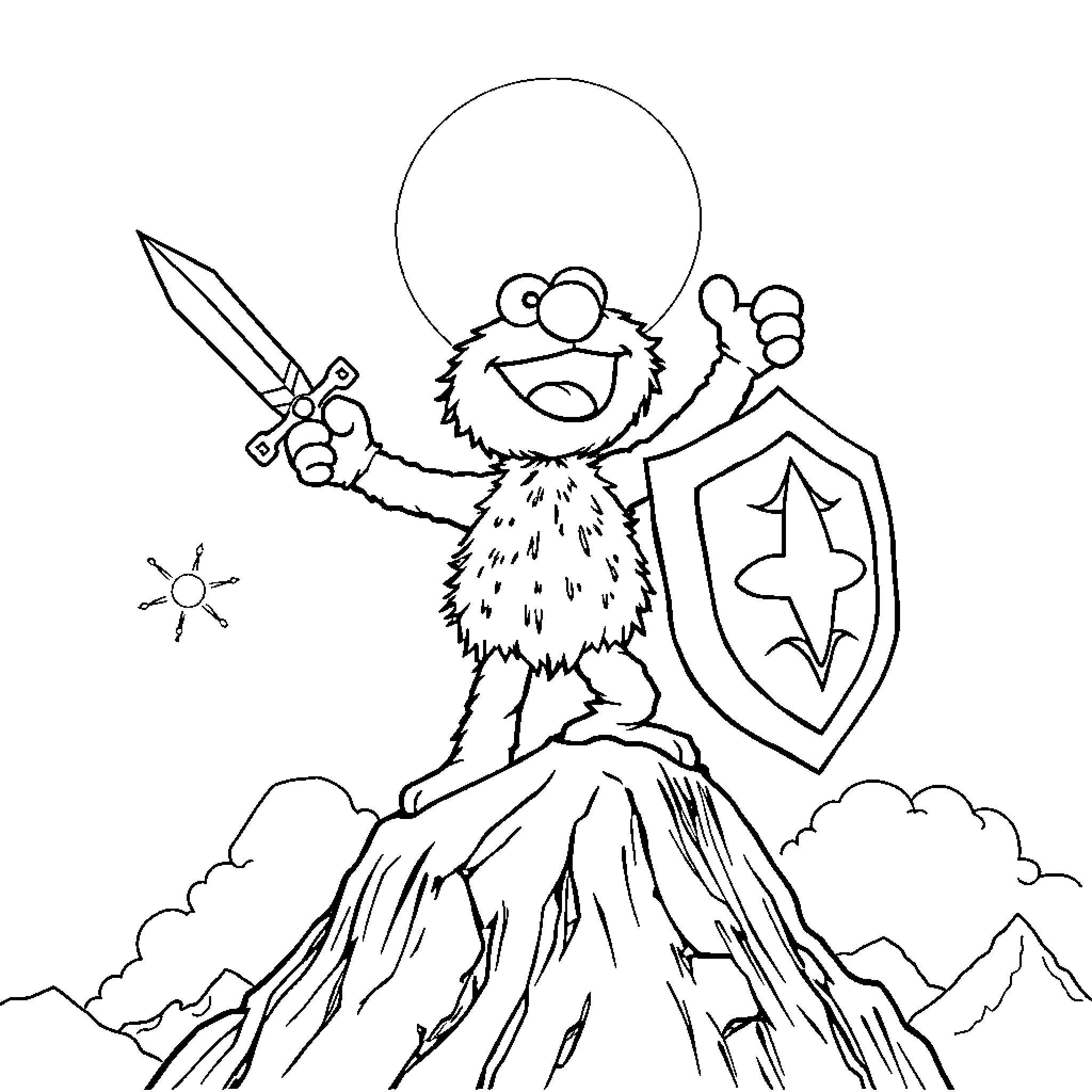 Elmo the Brave Warrior Atop the Mountain Coloring Page (free black-and-white line drawing printable PDF for all, from beginners to advanced learners, including children, teens, adults, and seniors)