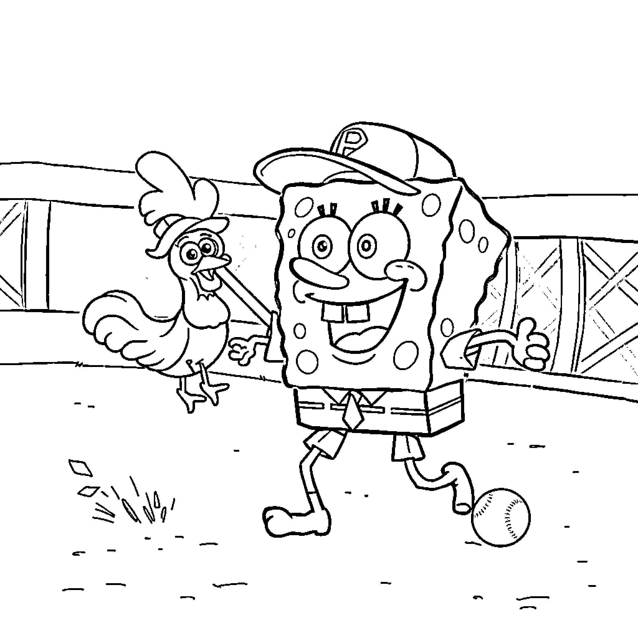 Spongebob playing baseball with Chicken Coloring Page (free black-and-white line drawing printable PDF for all, from beginners to advanced learners, including children, teens, adults, and seniors)
