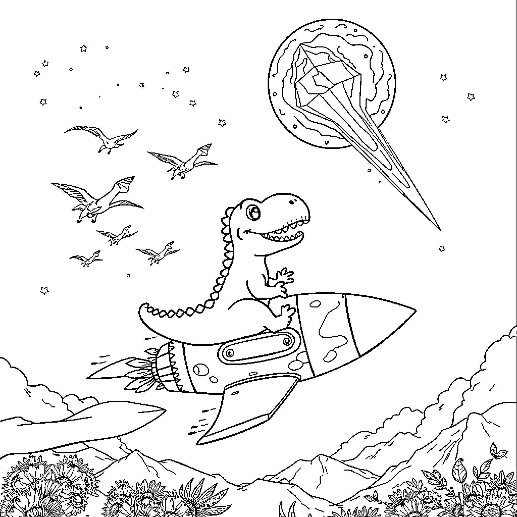 Dino astronaut blasting off into space with friends Coloring Page (free black-and-white line drawing printable PDF for all, from beginners to advanced learners, including children, teens, adults, and seniors)