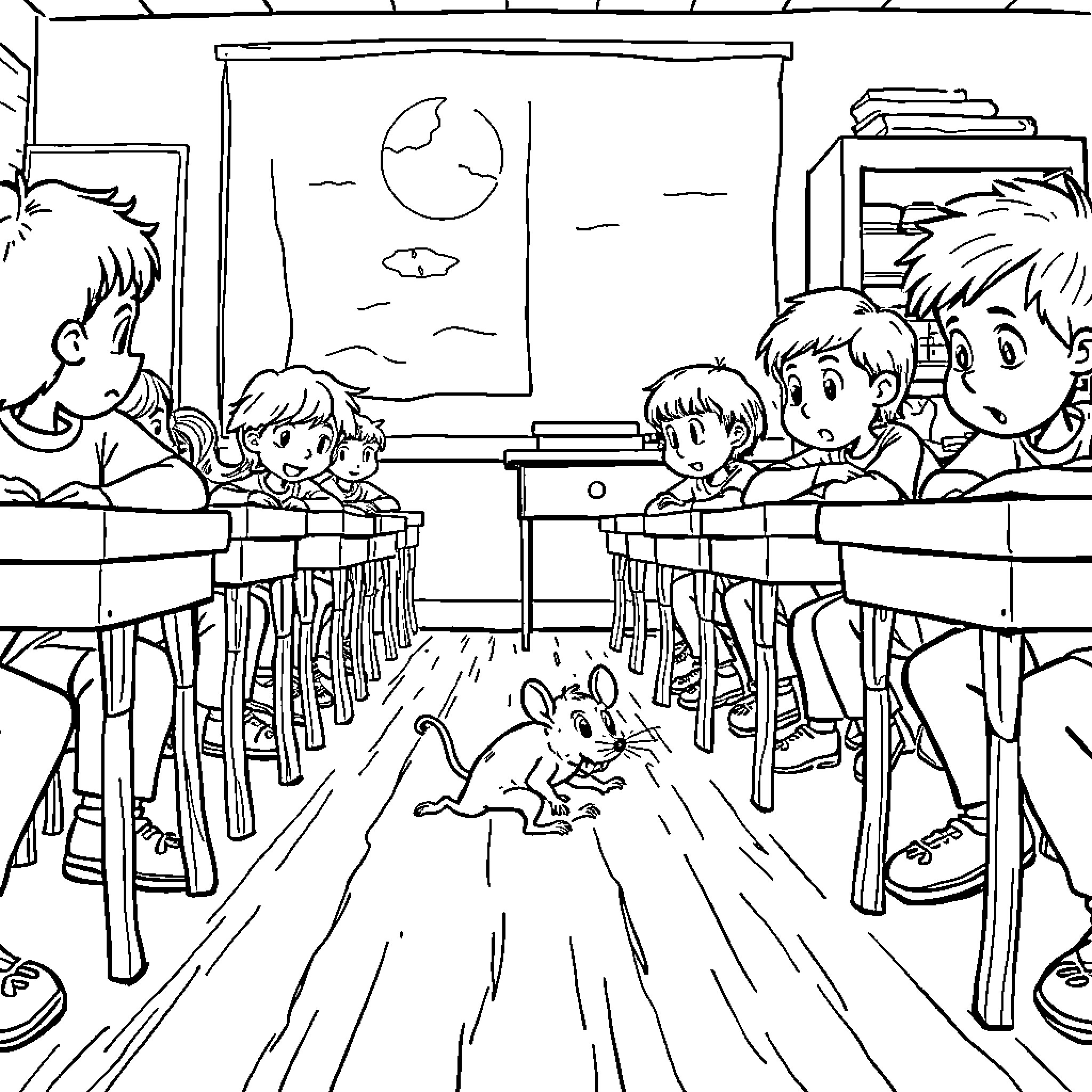 Mouse scurries through classroom during lesson Coloring Page (free black-and-white line drawing printable PDF for all, from beginners to advanced learners, including children, teens, adults, and seniors)