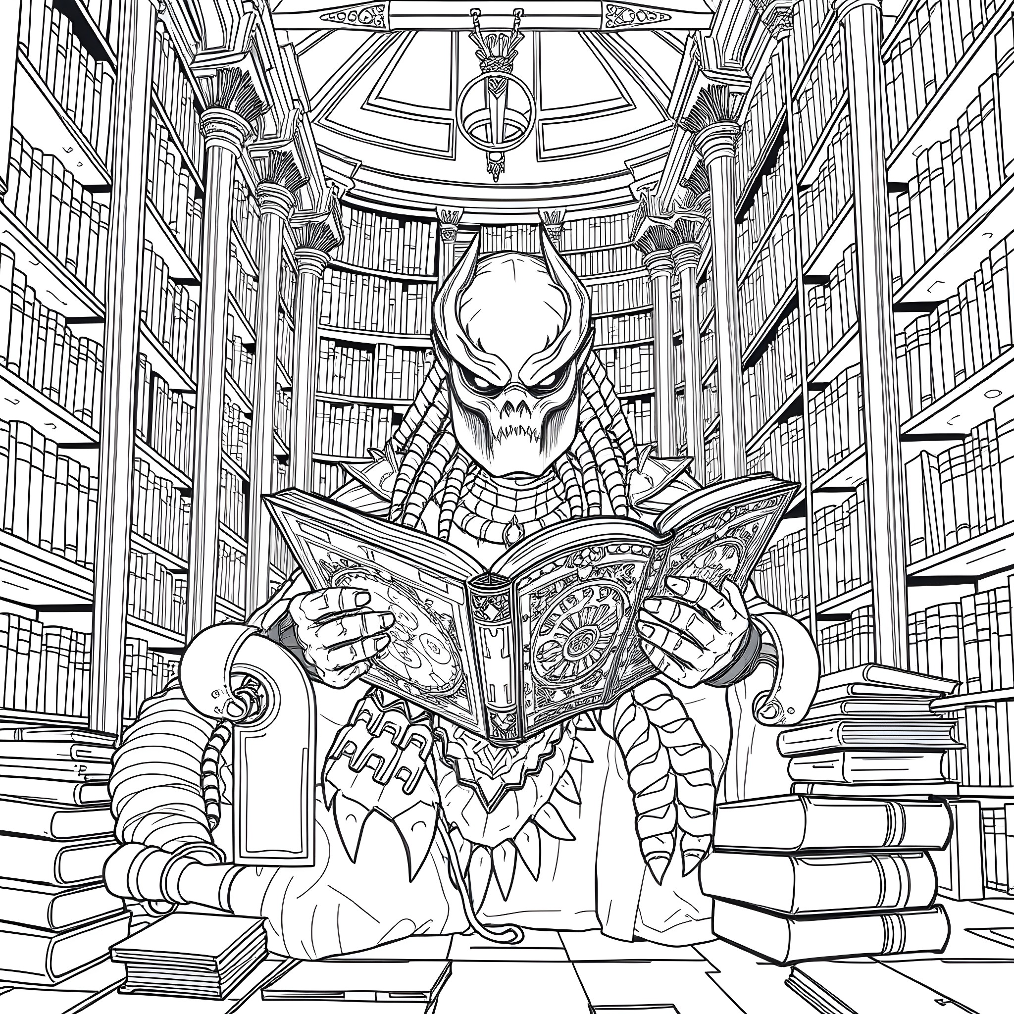Predator reading ancient tomes in a grand library Coloring Page (free black-and-white line drawing printable PDF for all, from beginners to advanced learners, including children, teens, adults, and seniors)