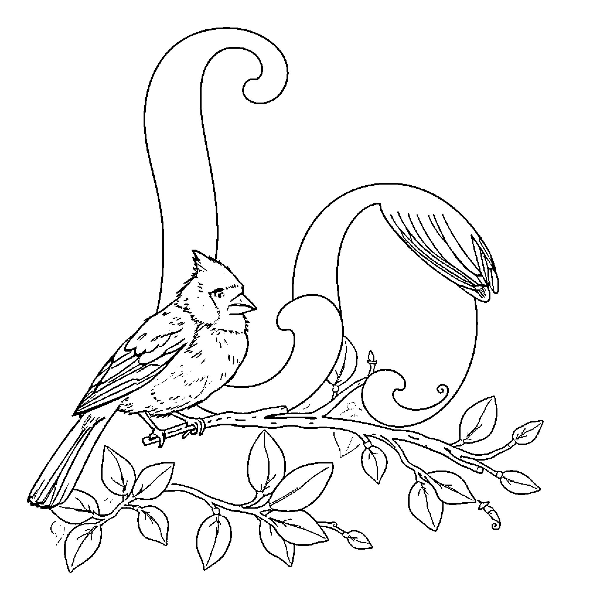 Letter Depicting Bird Resting on Branch Coloring Page (free black-and-white line drawing printable PDF for all, from beginners to advanced learners, including children, teens, adults, and seniors)