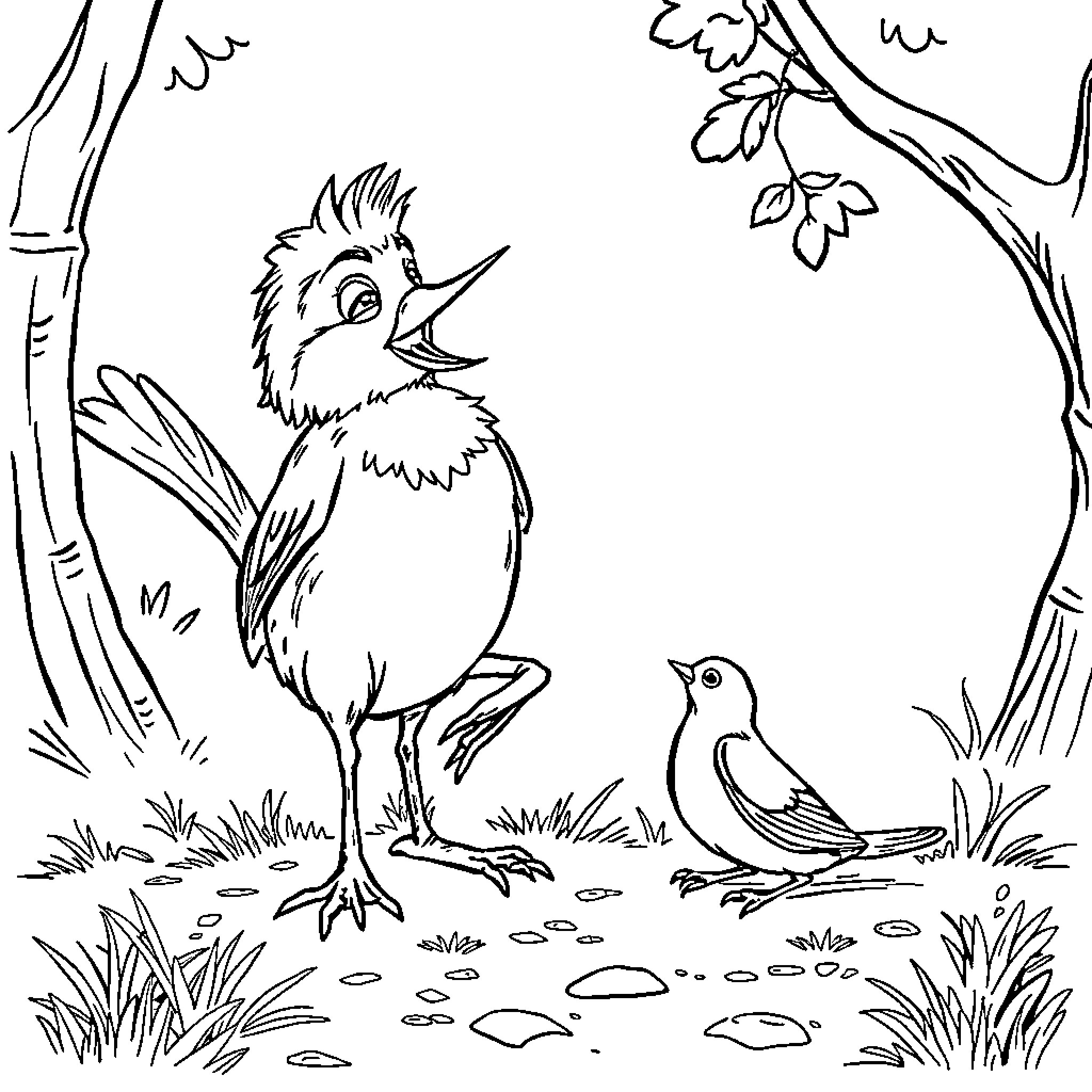Squire's Woodland Wonder: Birds in Nature's Embrace Coloring Page (free black-and-white line drawing printable PDF for all, from beginners to advanced learners, including children, teens, adults, and seniors)