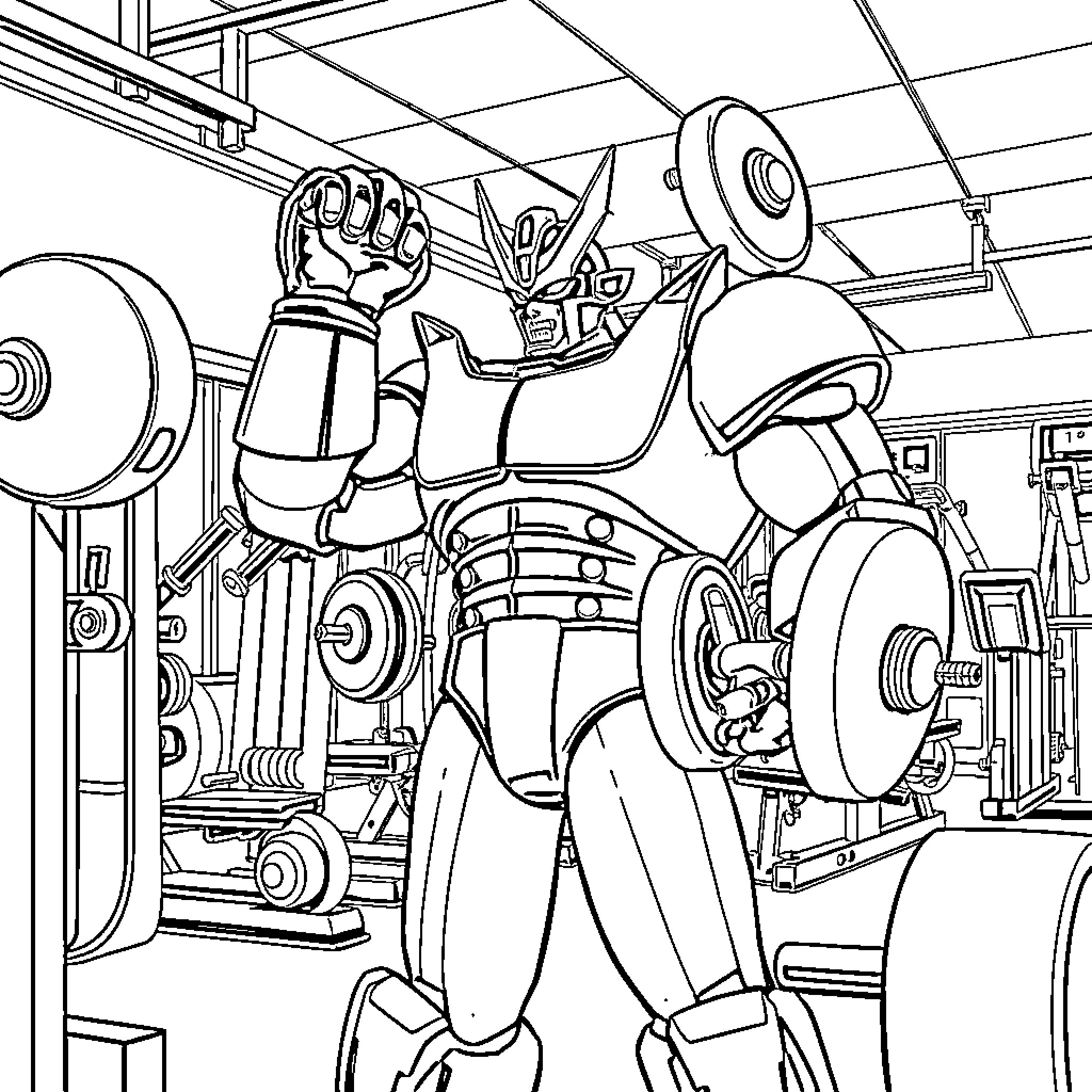 Mazinger robot in action-packed factory scene Coloring Page (free black-and-white line drawing printable PDF for all, from beginners to advanced learners, including children, teens, adults, and seniors)
