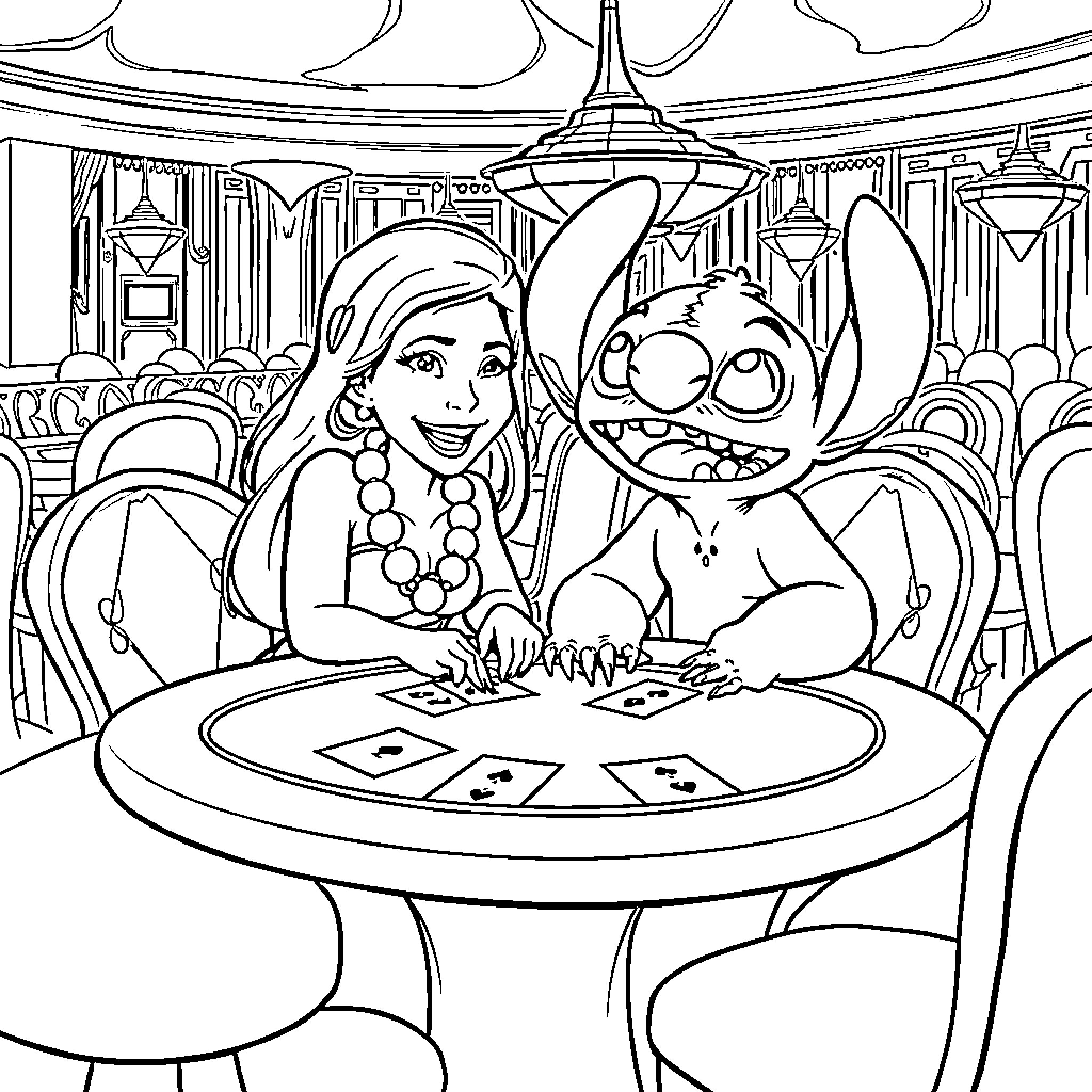 Lilo And Stitch Playing Card Games in Tropical Setting Coloring Page (free black-and-white line drawing printable PDF for all, from beginners to advanced learners, including children, teens, adults, and seniors)