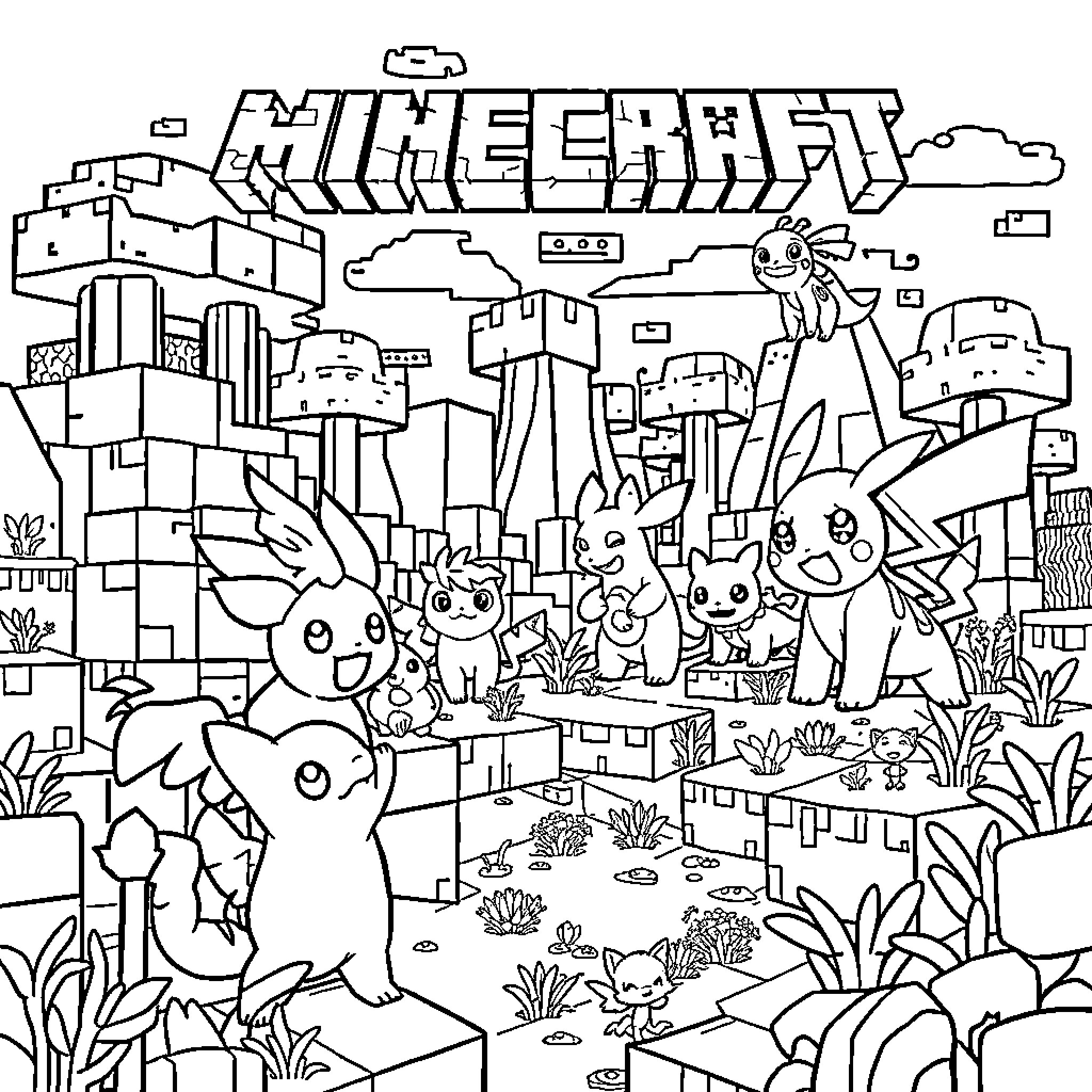 Minecraft Characters Exploring the World Coloring Page (free black-and-white line drawing printable PDF for all, from beginners to advanced learners, including children, teens, adults, and seniors)