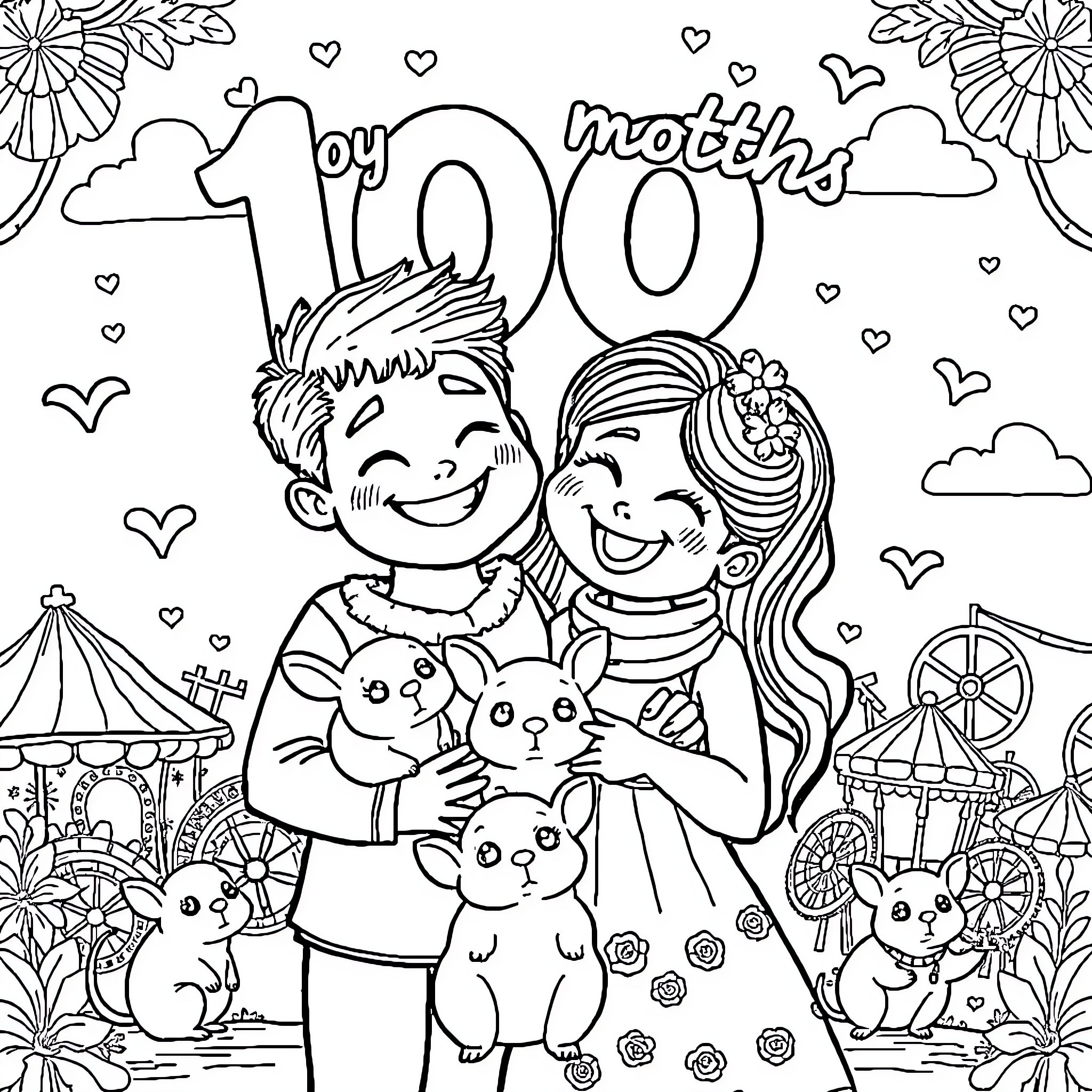Couple celebrating 100th anniversary with family Coloring Page (free black-and-white line drawing printable PDF for all, from beginners to advanced learners, including children, teens, adults, and seniors)