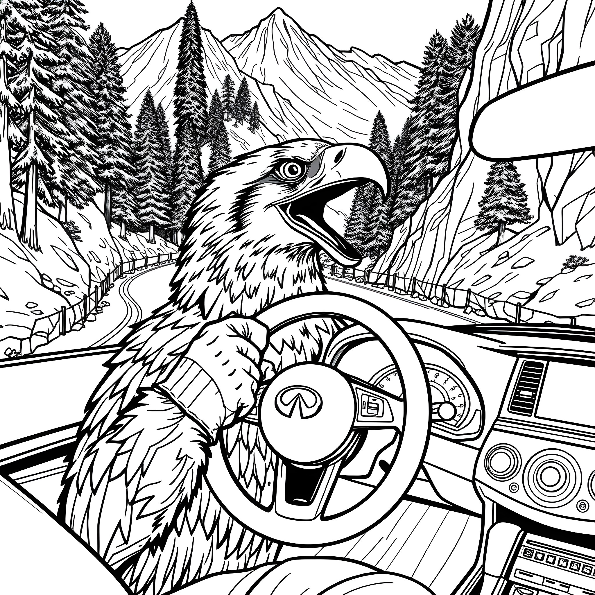 Raptor driving through majestic mountain landscape Coloring Page (free black-and-white line drawing printable PDF for all, from beginners to advanced learners, including children, teens, adults, and seniors)