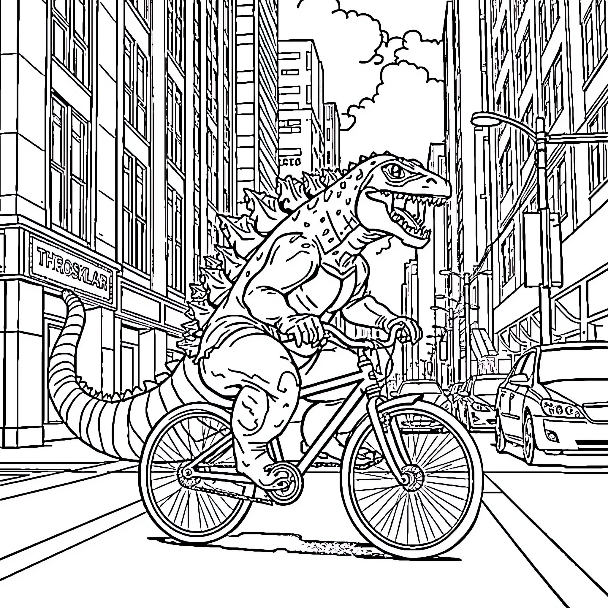 Godzilla rides a bicycle through the city Coloring Page (free black-and-white line drawing printable PDF for all, from beginners to advanced learners, including children, teens, adults, and seniors)