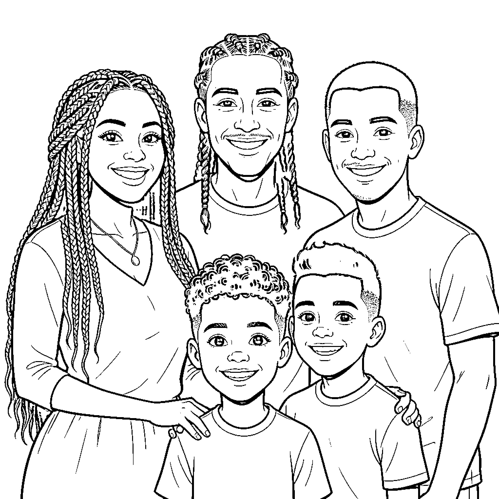 Family Enjoying Quality Time Together Coloring Page (free black-and-white line drawing printable PDF for all, from beginners to advanced learners, including children, teens, adults, and seniors)