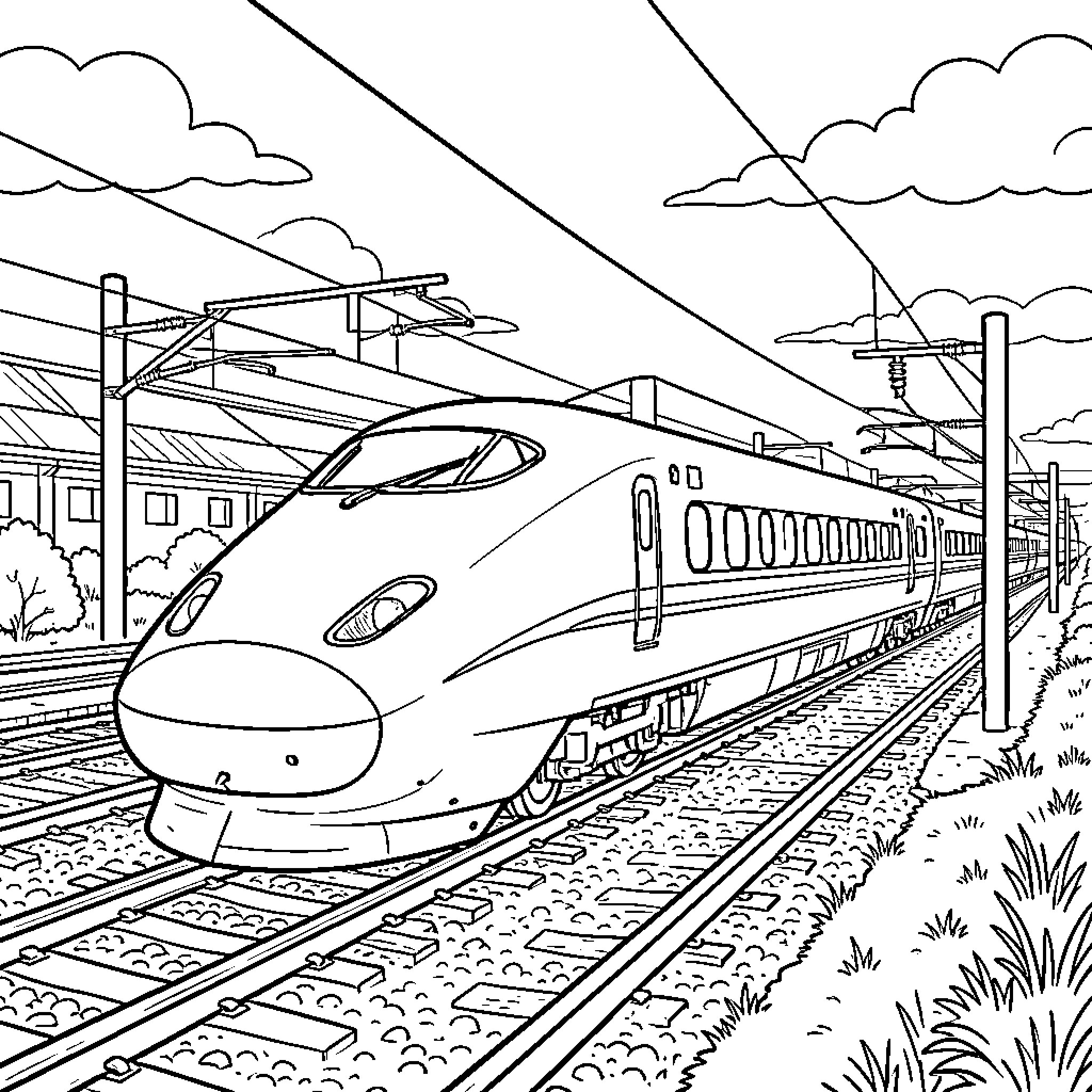 Shinkansen bullet train speeding through the countryside Coloring Page (free black-and-white line drawing printable PDF for all, from beginners to advanced learners, including children, teens, adults, and seniors)