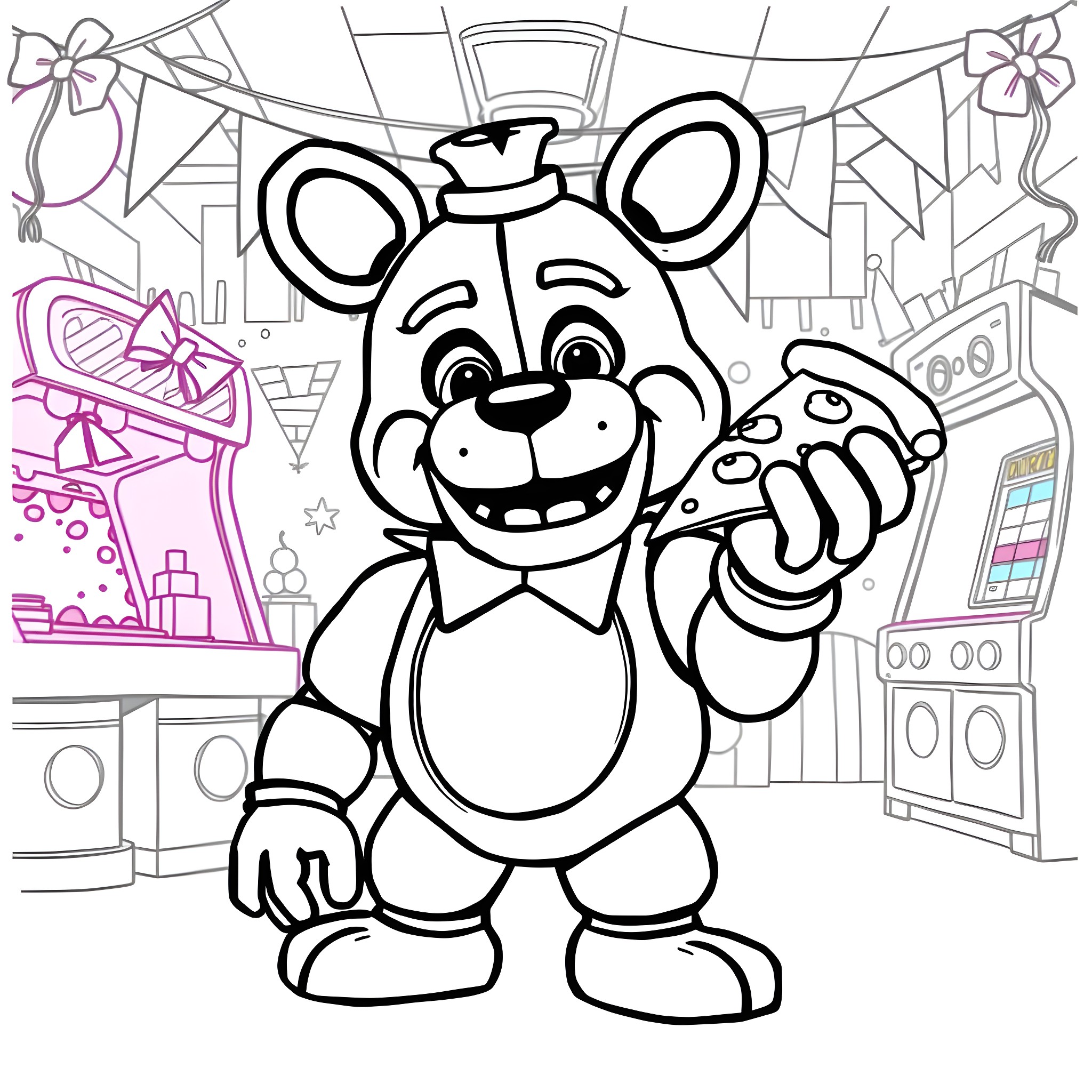 Freddy Fazbear Cheers in Celebration Coloring Page (free black-and-white line drawing printable PDF for all, from beginners to advanced learners, including children, teens, adults, and seniors)