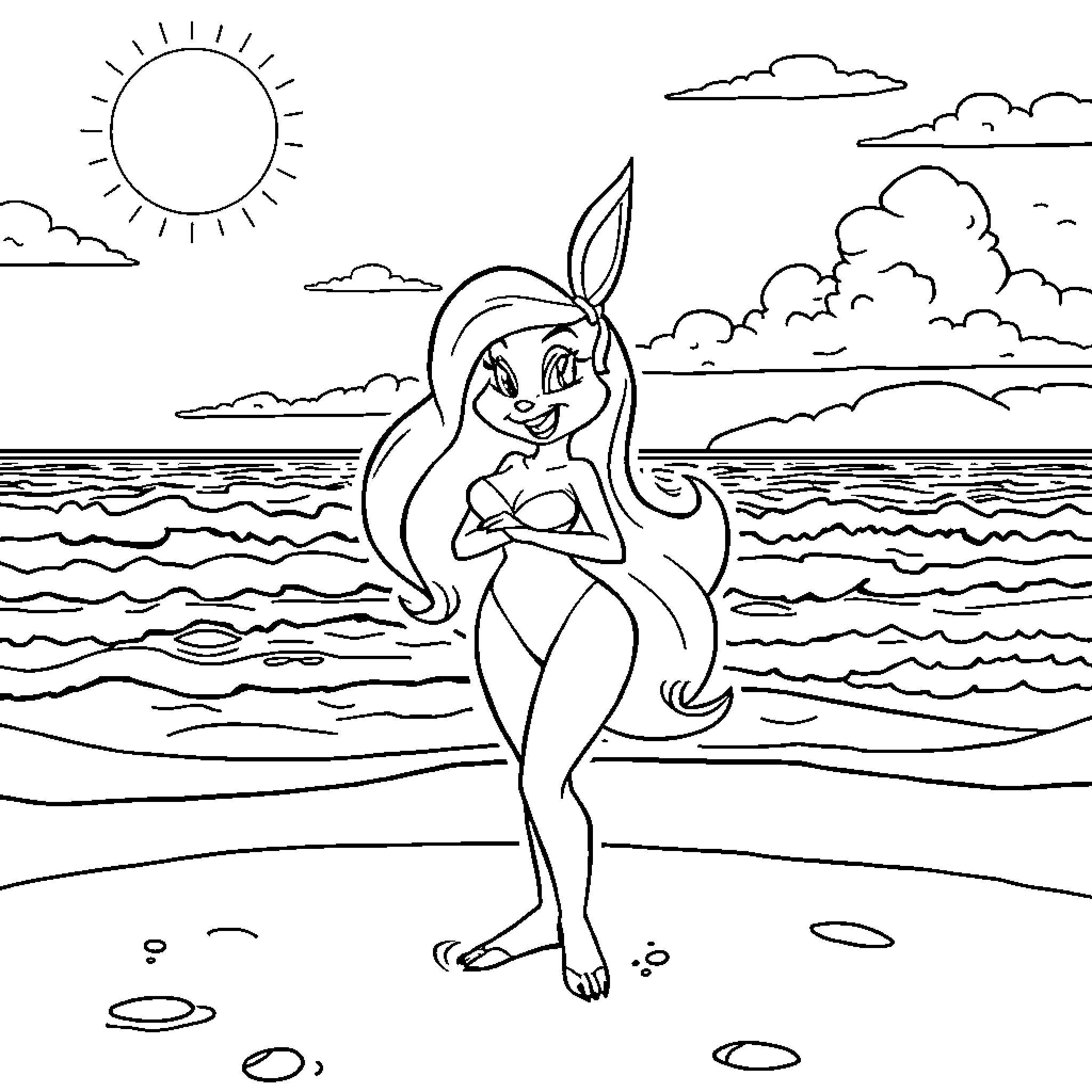Jessica Rabbit posing confidently on the beach Coloring Page (free black-and-white line drawing printable PDF for all, from beginners to advanced learners, including children, teens, adults, and seniors)