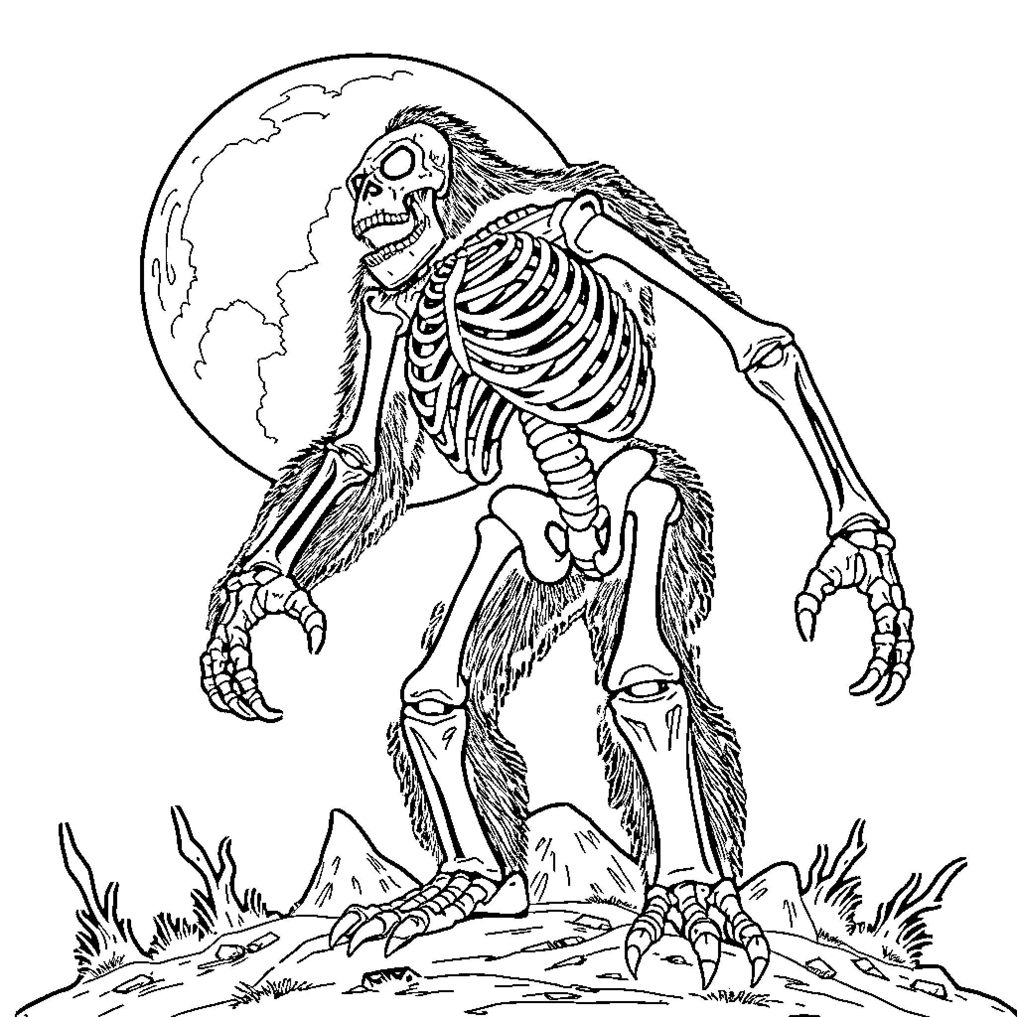 Skeleton creature howling at the moon Coloring Page (free black-and-white line drawing printable PDF for all, from beginners to advanced learners, including children, teens, adults, and seniors)