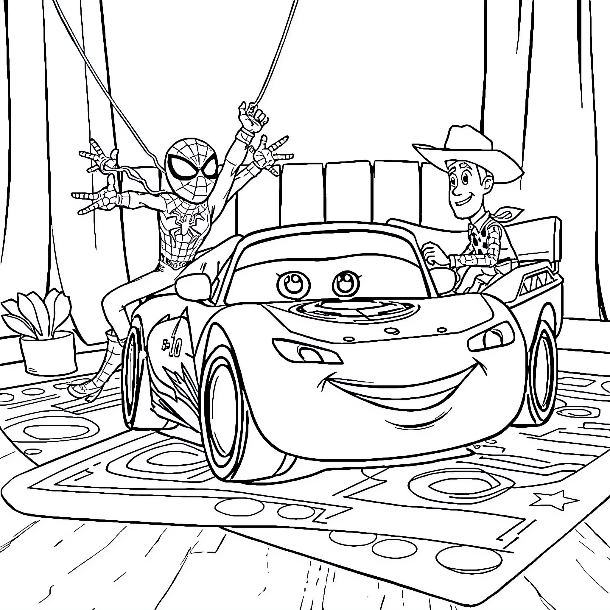 Lightning McQueen's Adventure with Spiderman and Woody Coloring Page (free black-and-white line drawing printable PDF for all, from beginners to advanced learners, including children, teens, adults, and seniors)