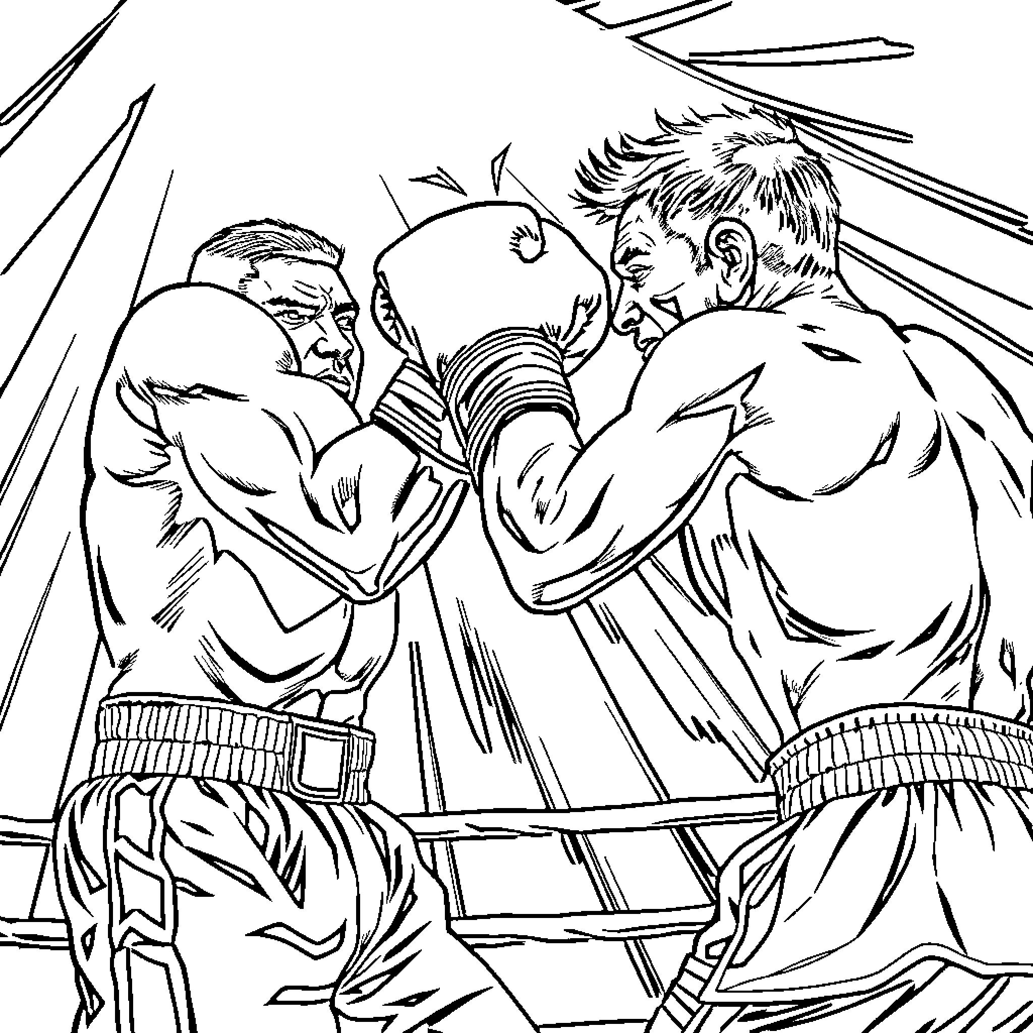 Boxer Fighters Locked in Intense Bout Coloring Page (free black-and-white line drawing printable PDF for all, from beginners to advanced learners, including children, teens, adults, and seniors)