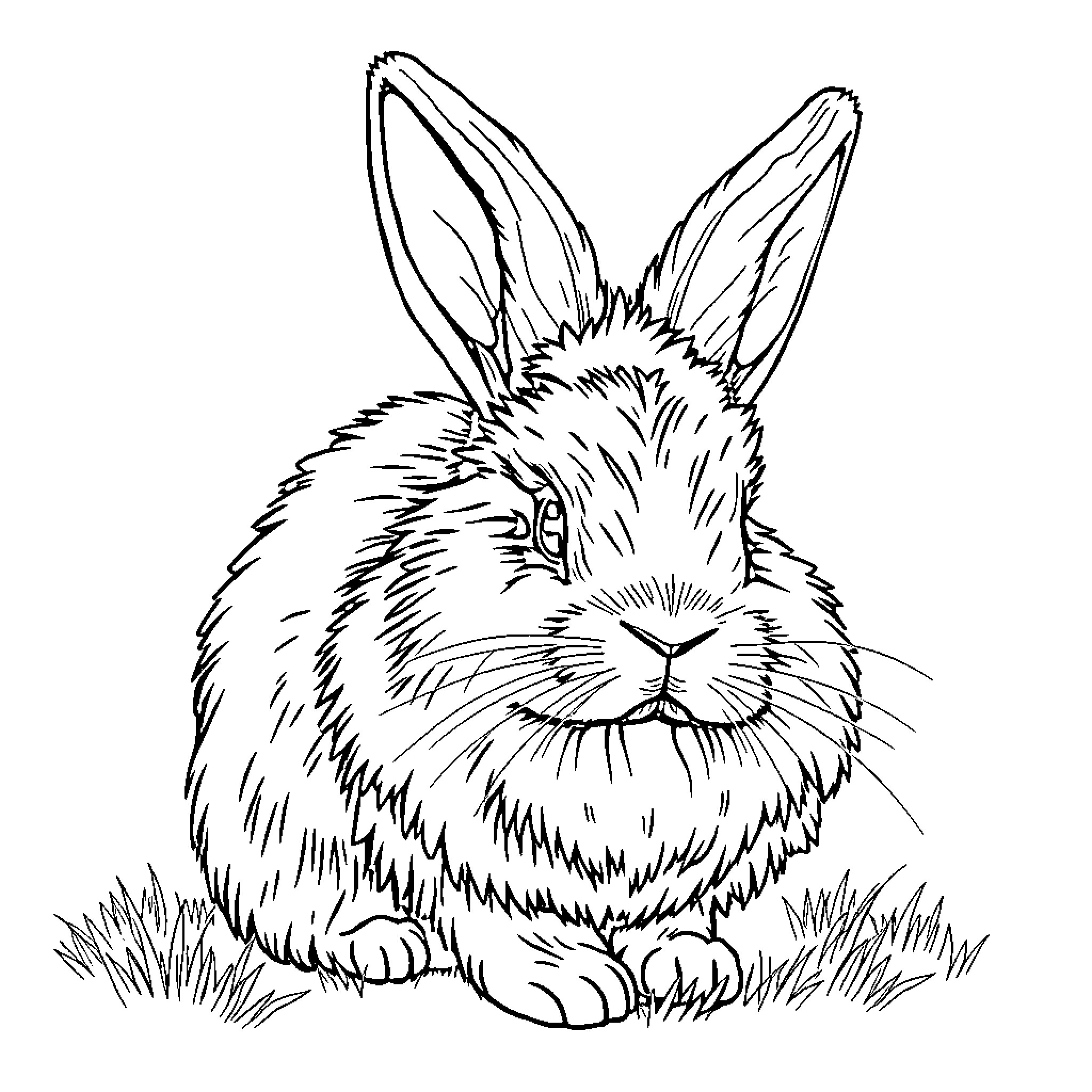 Hollandlop Rabbit Resting in the Grass Coloring Page (free black-and-white line drawing printable PDF for all, from beginners to advanced learners, including children, teens, adults, and seniors)