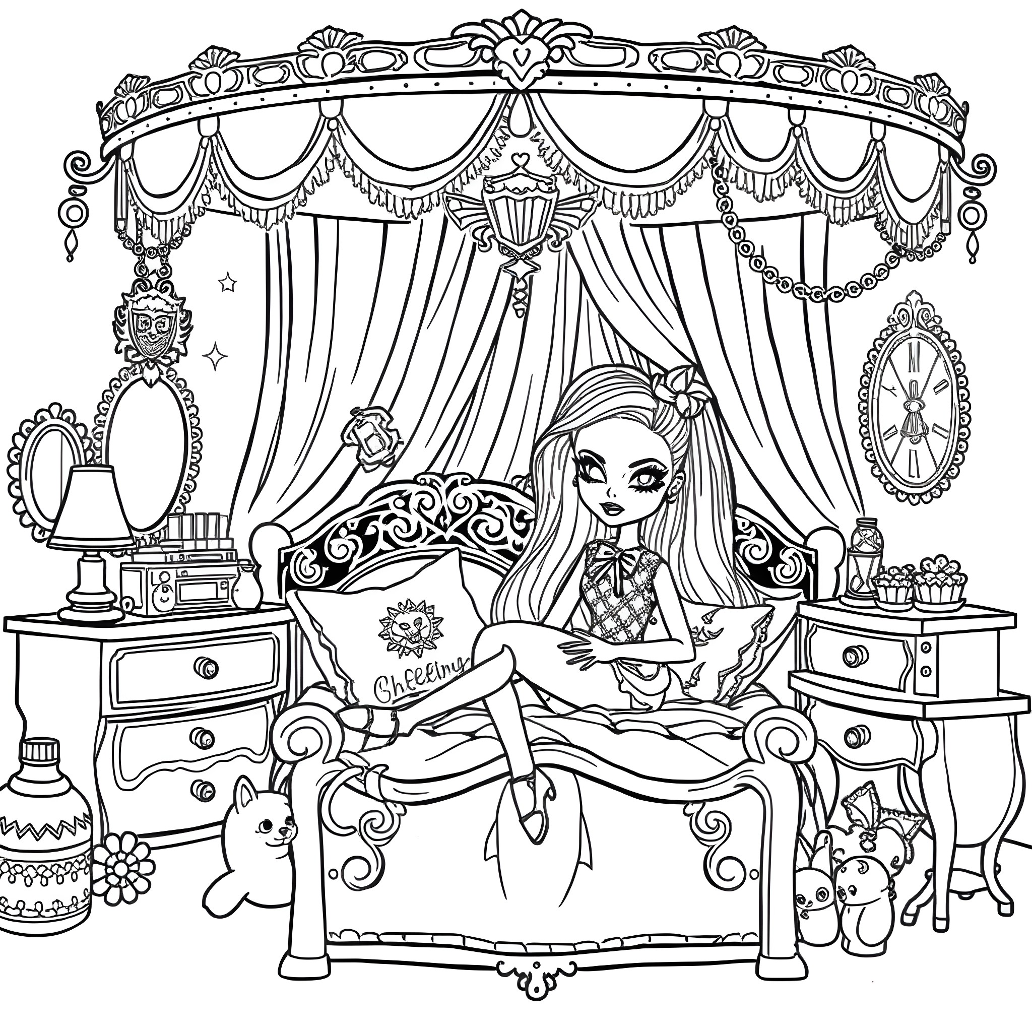 Monster High Doll relaxing in ornate bedroom Coloring Page (free black-and-white line drawing printable PDF for all, from beginners to advanced learners, including children, teens, adults, and seniors)