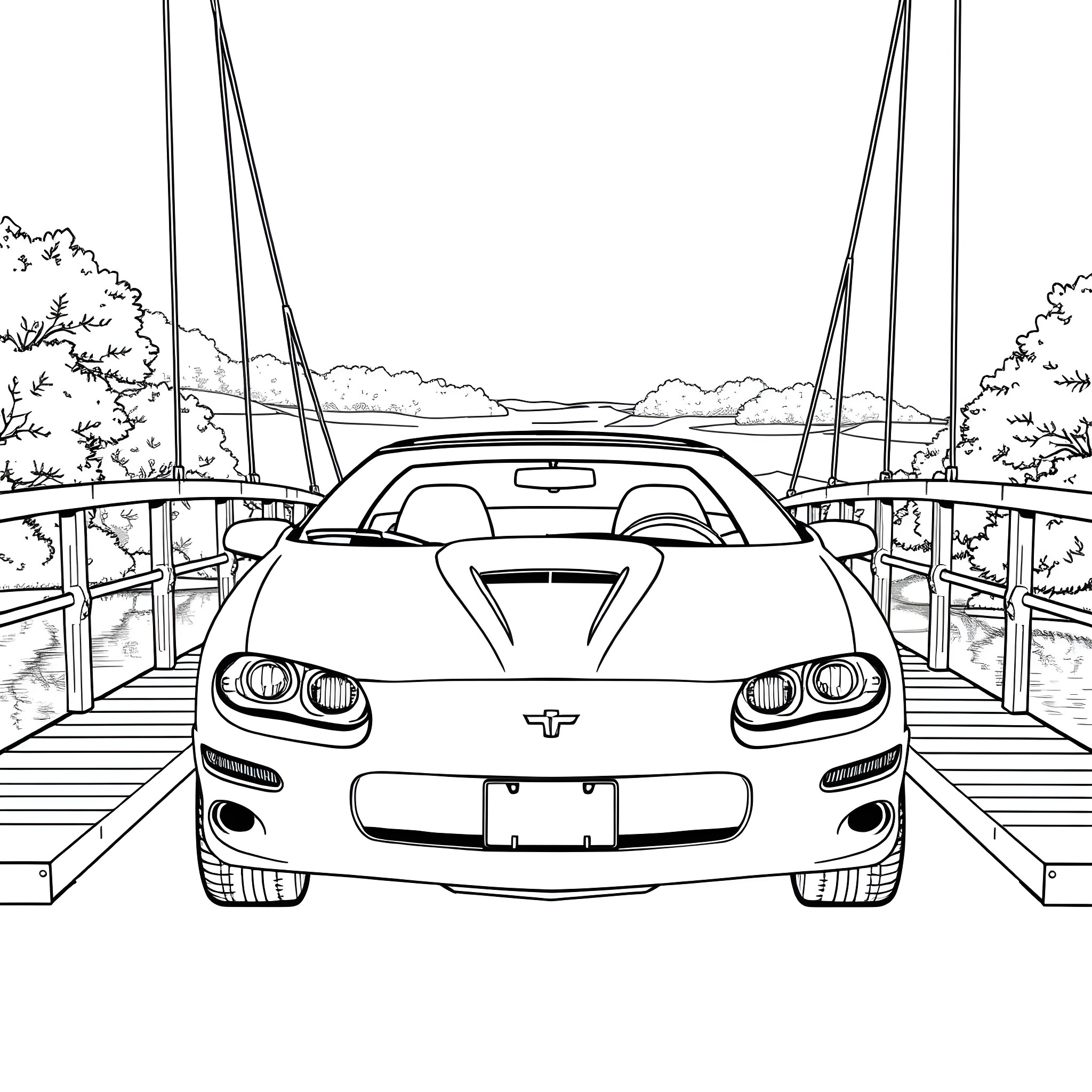 Camaro speeding on the bridge with scenic view Coloring Page (free black-and-white line drawing printable PDF for all, from beginners to advanced learners, including children, teens, adults, and seniors)